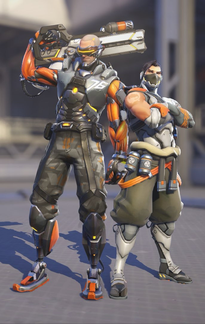 Hanzo and Jack from Overwatch in their default standing poses in their cyber skins 