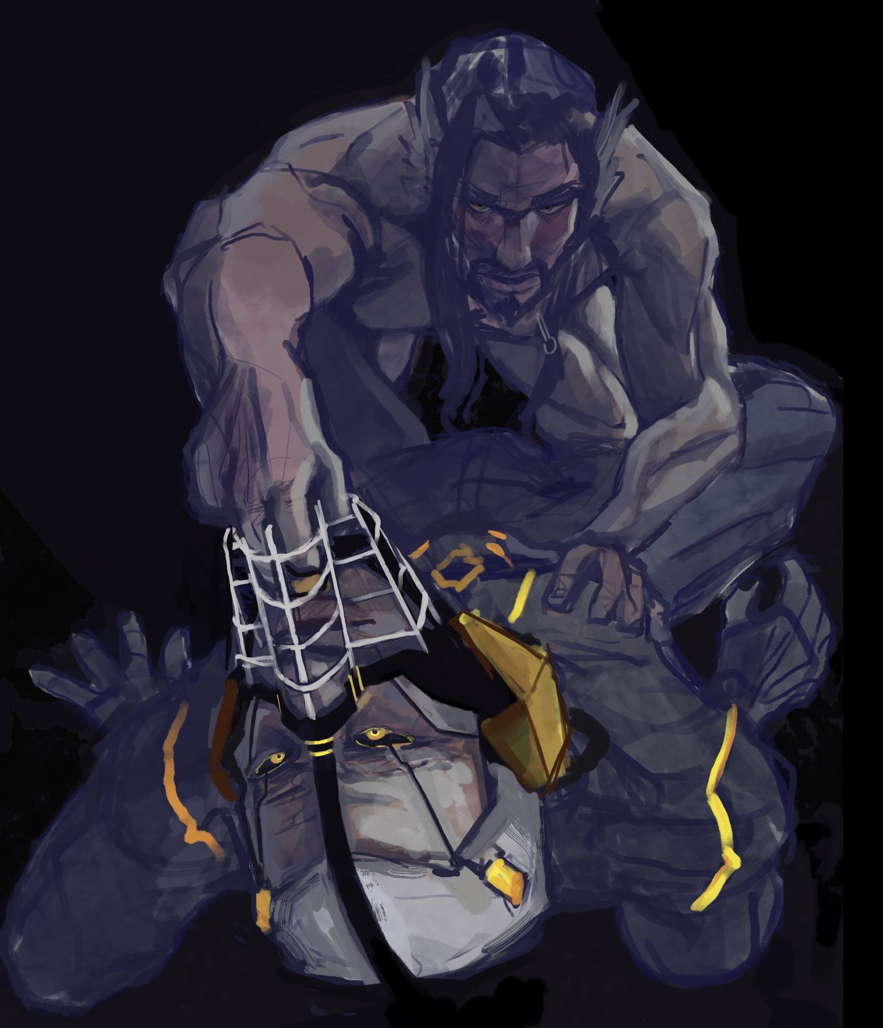 Hanzo Shimada from Overwatch leaning over Soldier 76, who is prone on the ground beneath him, keeping Soldier's head back by holding onto a muzzle strapped around his face. It is the Proteus:76 cosmetic, so Soldier is clearly a cyborg or automation. 