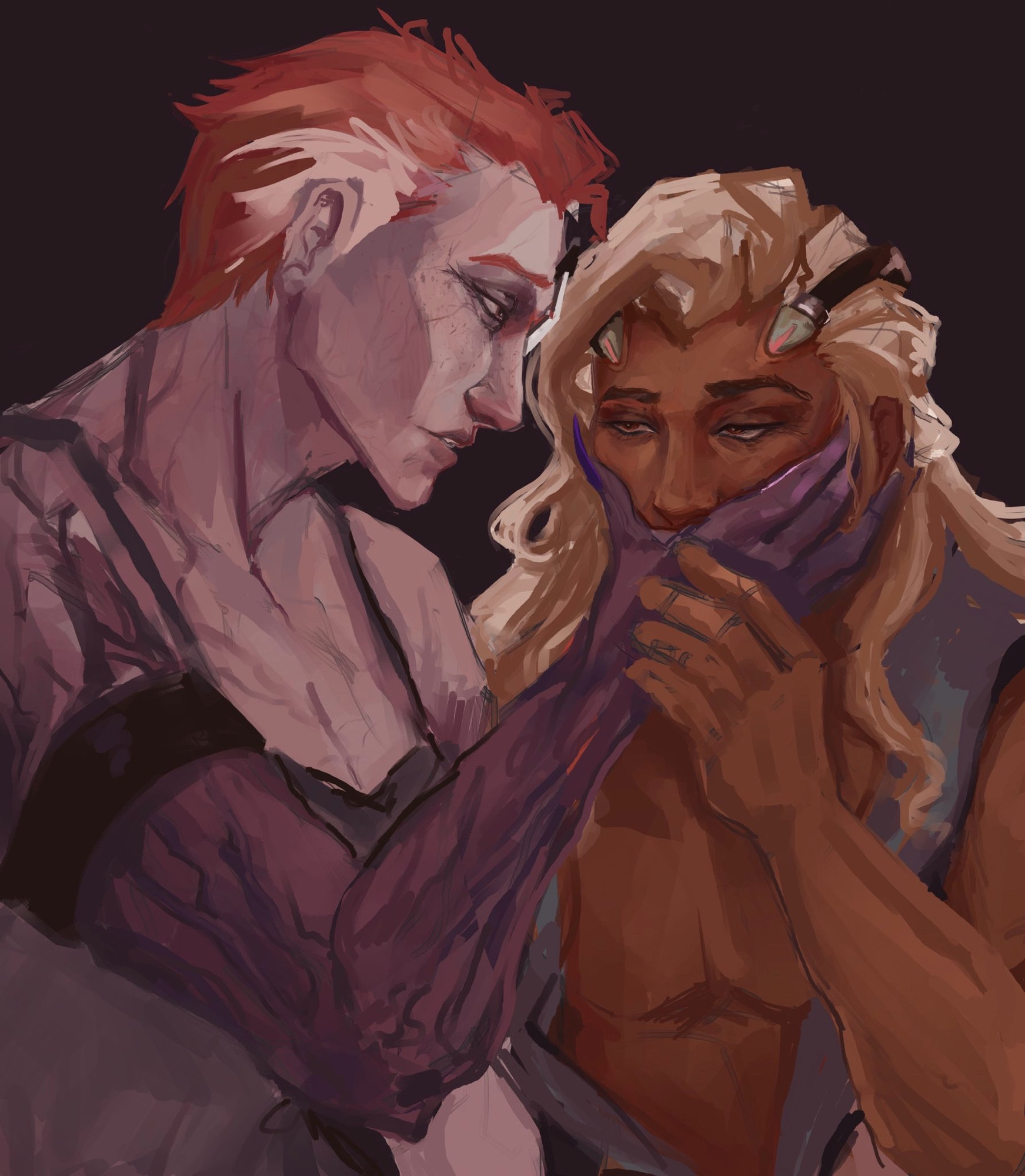 Moira from Overwatch holding Niran's face. It was supposed to look like he's kissing her hand while she looks surprised but it seems more like she's squeezing his face and he's bored