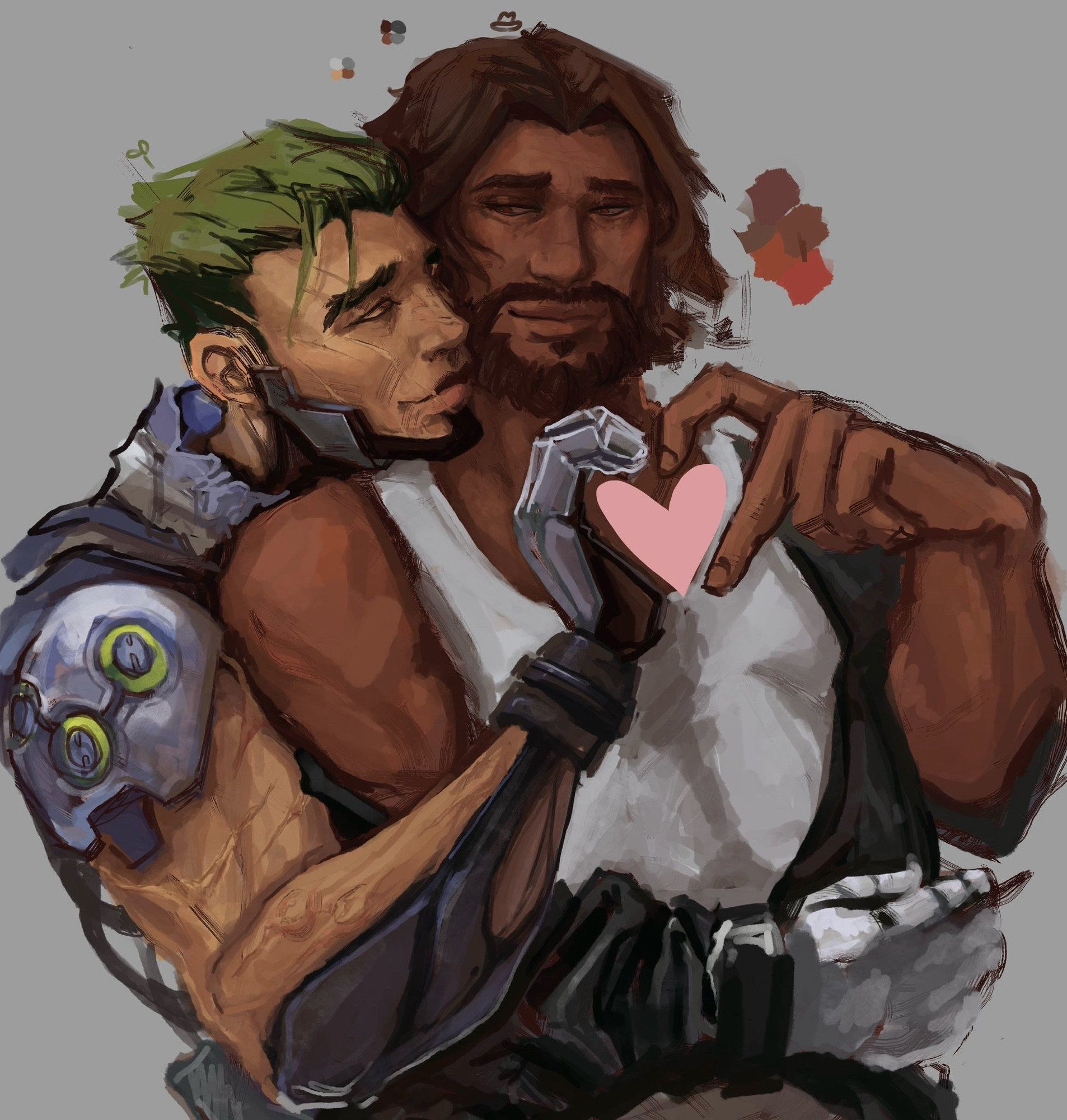 Genji and Cole from Overwatch making a heart shape with their hands