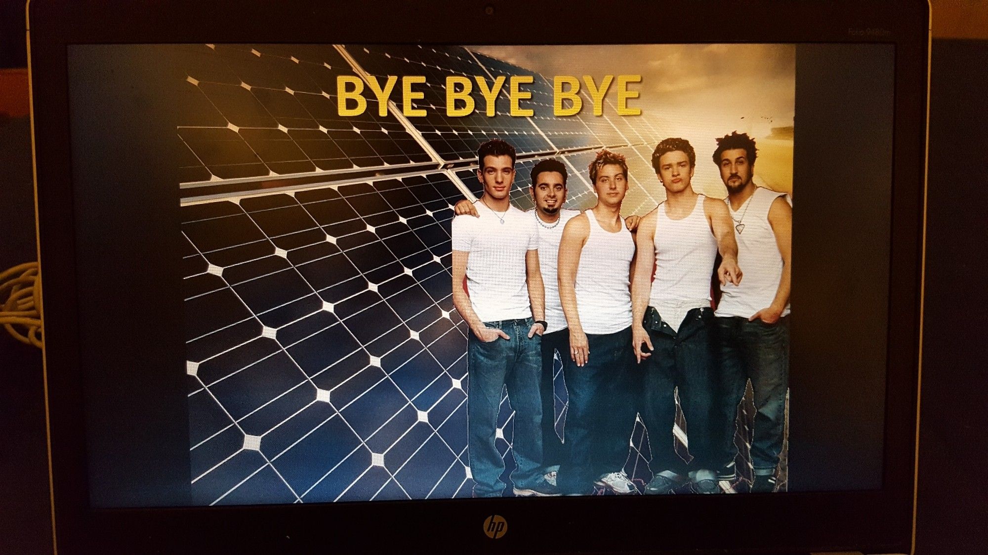 NSYNC in front of solar panels and the lyrics "bye bye bye"