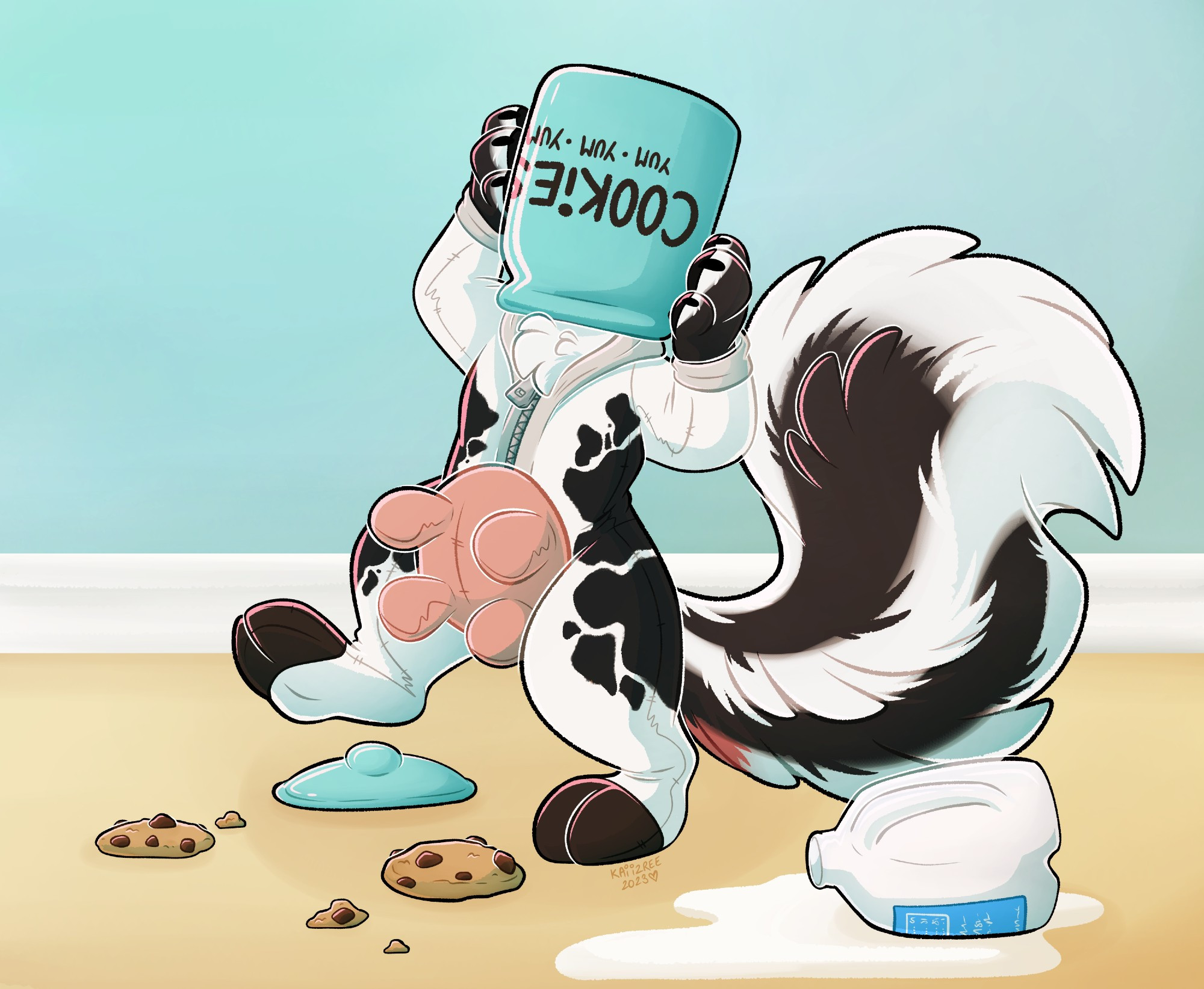 A small skunk-bunny dressed as a cow being clumsy - knocking over milk while a cookie jar is stuck on his head. It's like when skunks get their heads stuck in yogurt cups.