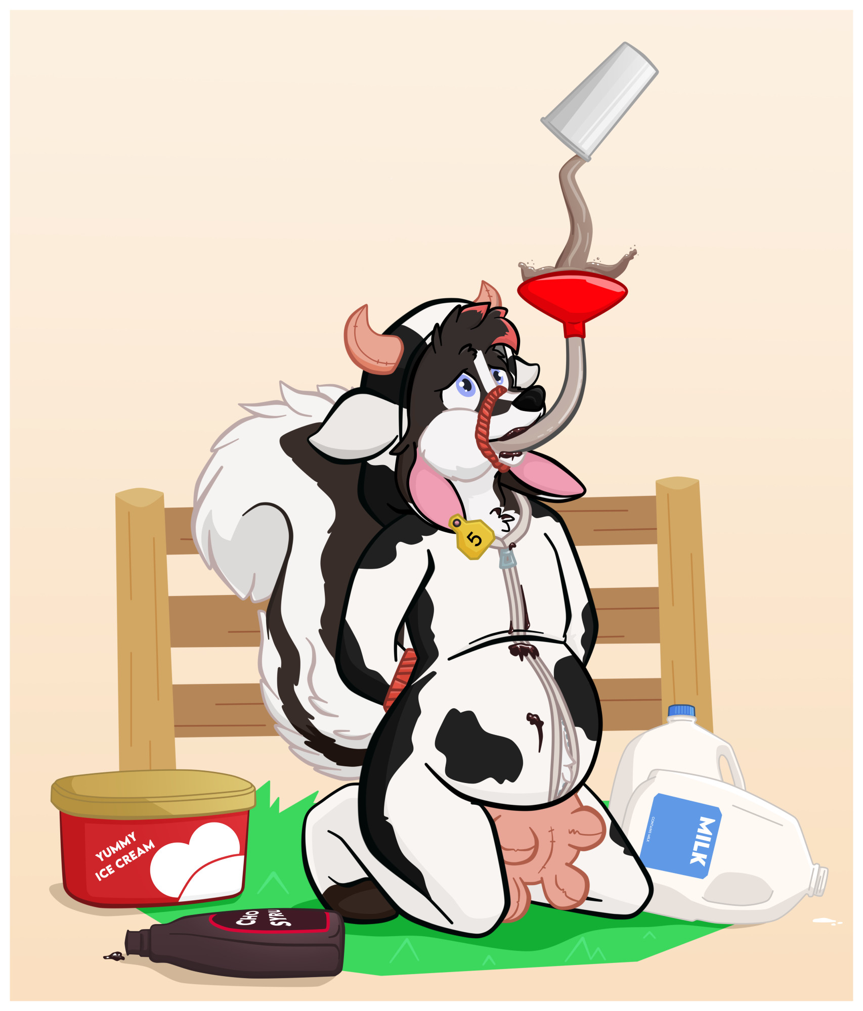 A skunk-bunny dressed as a cow being forced to drink a lot of milkshakes through a funnel. He's so full that his outfit's zipper is starting to pop open at the gut.