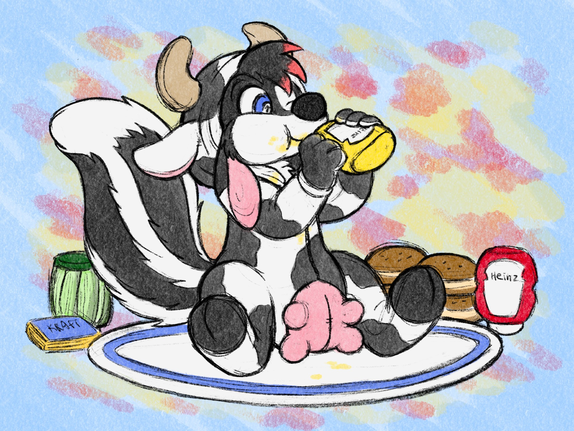 A small skunk-bunny dressed as a cow drinking mustard while surrounded by burger-making ingredients.