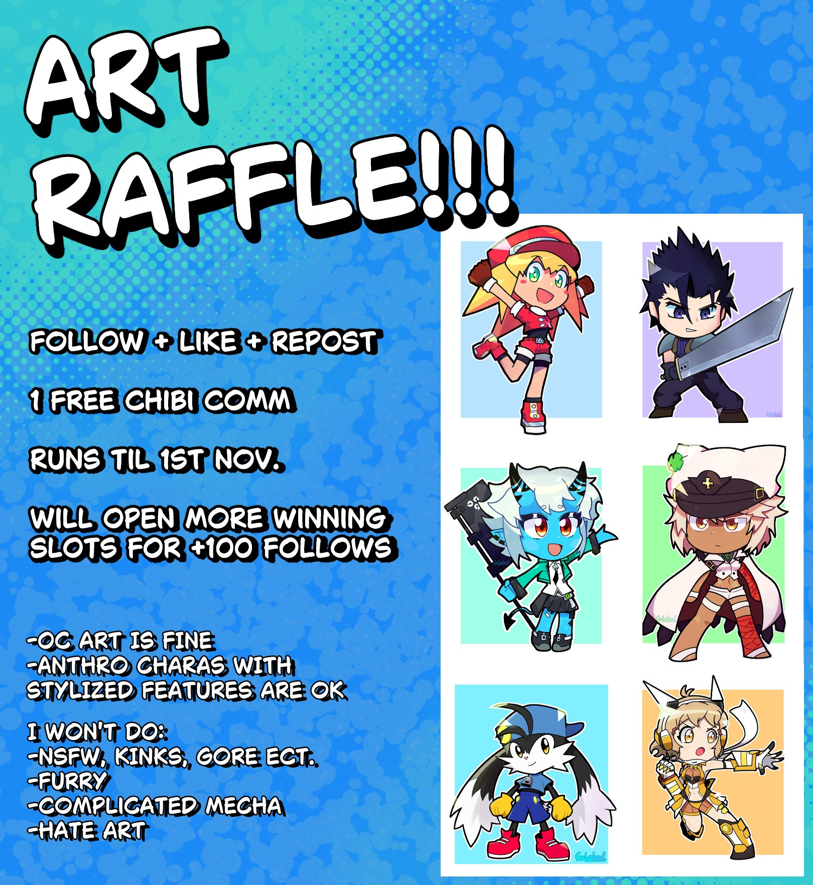 Art Raffle. Giving away a free chibi commission for one character. 
Follow, repost and like to enter!