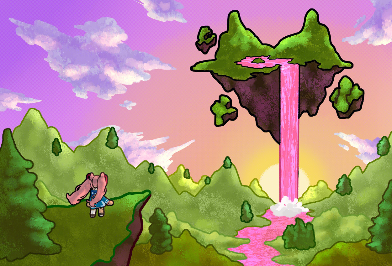 kwando1313's VTuber on a cliffside overlooking green hills and a fox shaped island with a pink waterfall