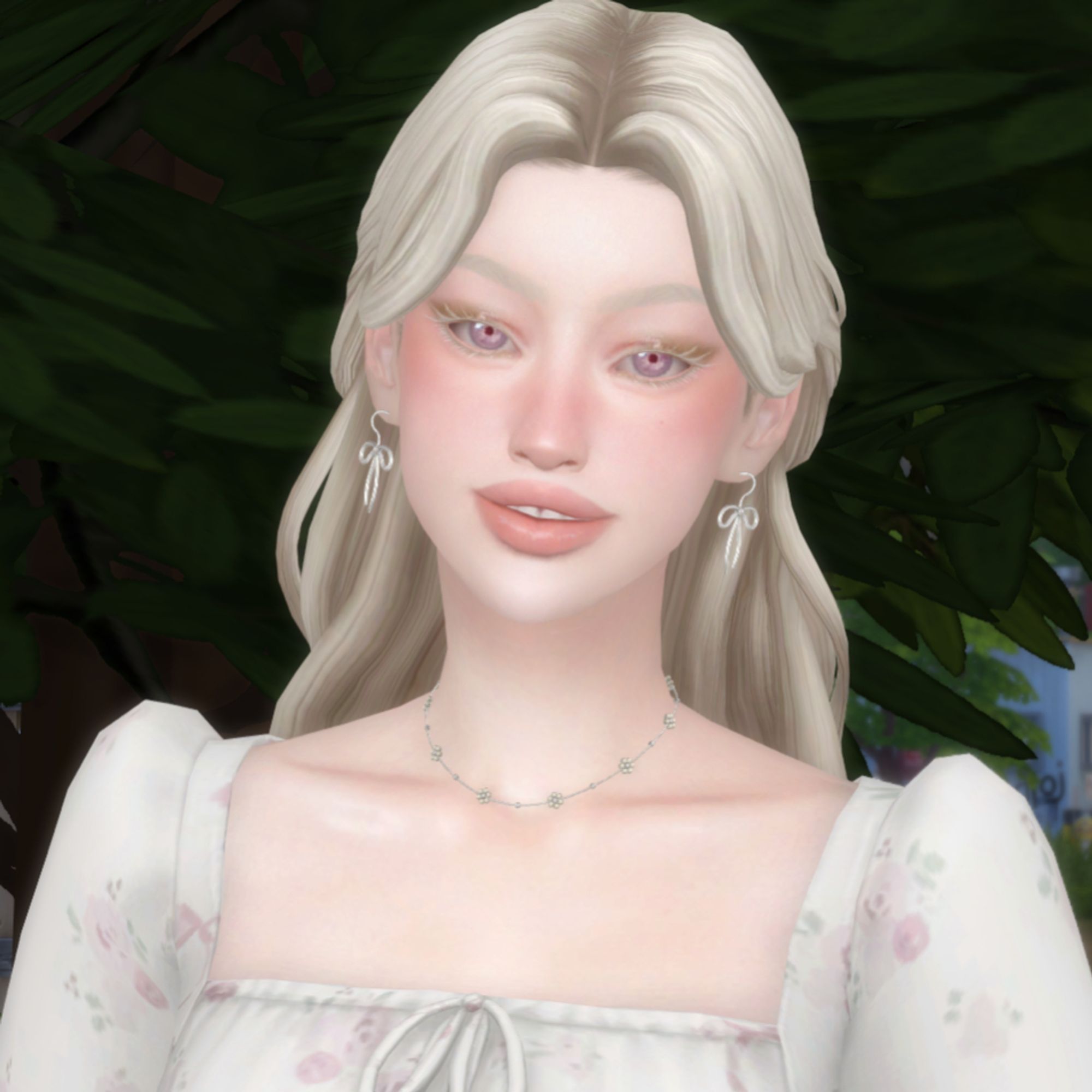 A portrait of my sim, Lily. She is white with pinkish purple eyes, white long hair and is in a long floral sundress.