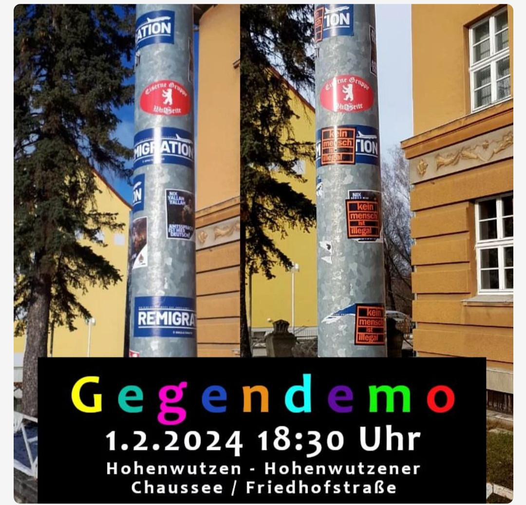 Bild zeigt Laternenmasten vor bunten Altstadthäusern. Die Masten sind mit Stickern beklebt, hauptsächlich Nazi Propaganda.

GEGENDEMO am 01.02.24 um 18.30 Uhr in Hohenwutzen
Hohenwutzener Chaussee Ecke Friedhofstrasse