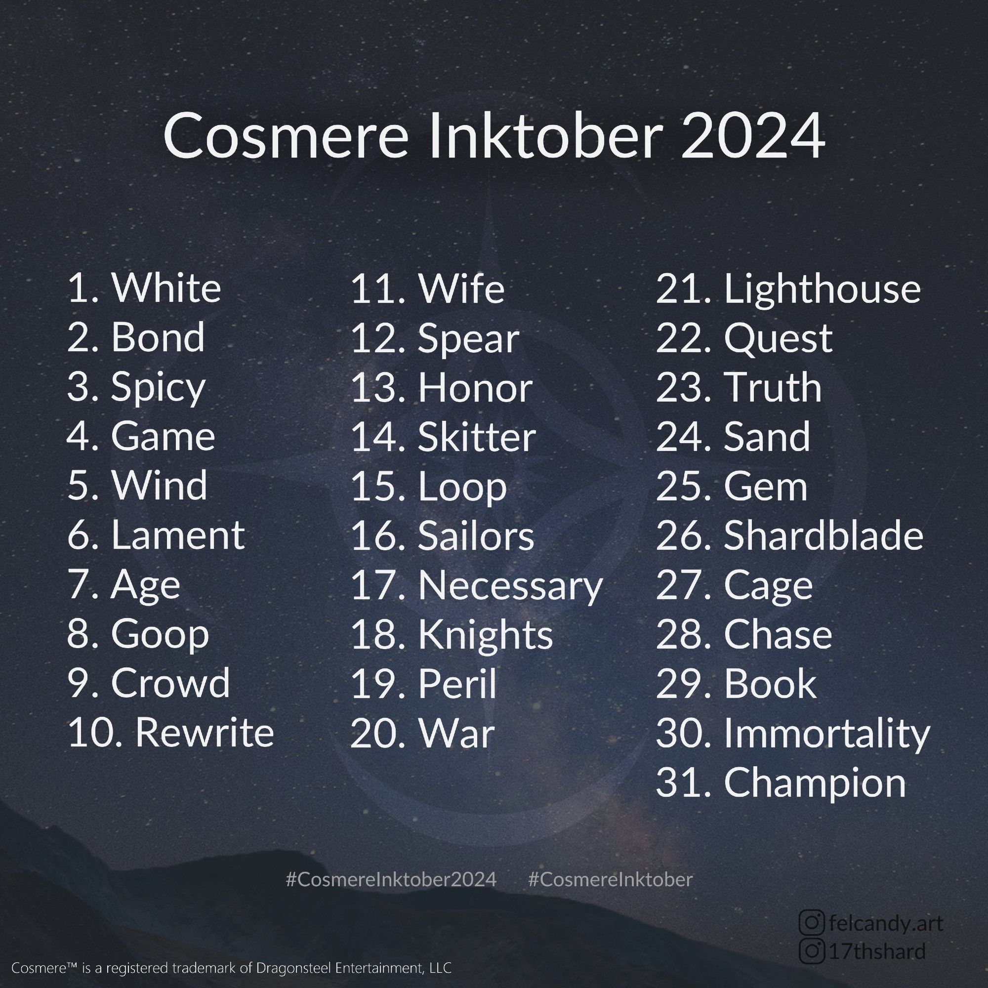 A graphic with a list of 31 one-word daily prompts for the Cosmere Inktober 2024 art challenge