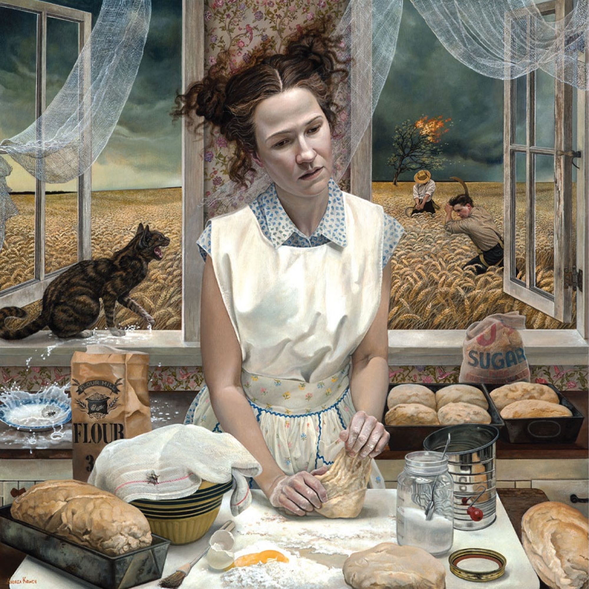 Woman preparing bread for baking. The windows are open and a brisk wind blows her hair. A cat on the windowsill cries. There is spilled milk, spilled flour. Men thresh grain in the field outside the window. There is fire in the distance and a blackening sky.