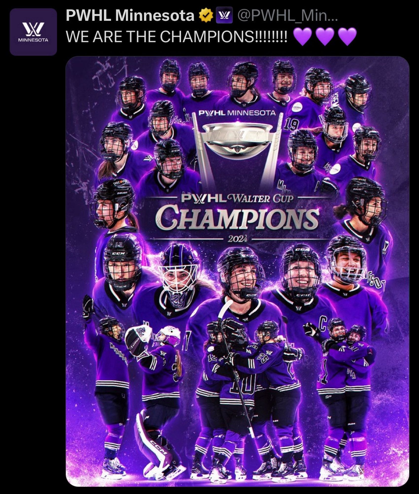 Screenshot of tweet from @PWHL_Minnesota: “WE ARE THE CHAMPIONS!!!!!!! 💜💜💜”