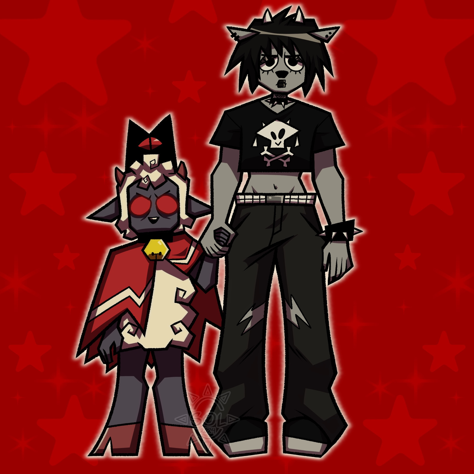 A digital artwork featuring the Lamb from the video game Cult of the Lamb and Rammy from Um Jammer Lammy. 

The Lamb and Rammy are standing next to each other, holding hands. They are on a red background with stars and sparkles.