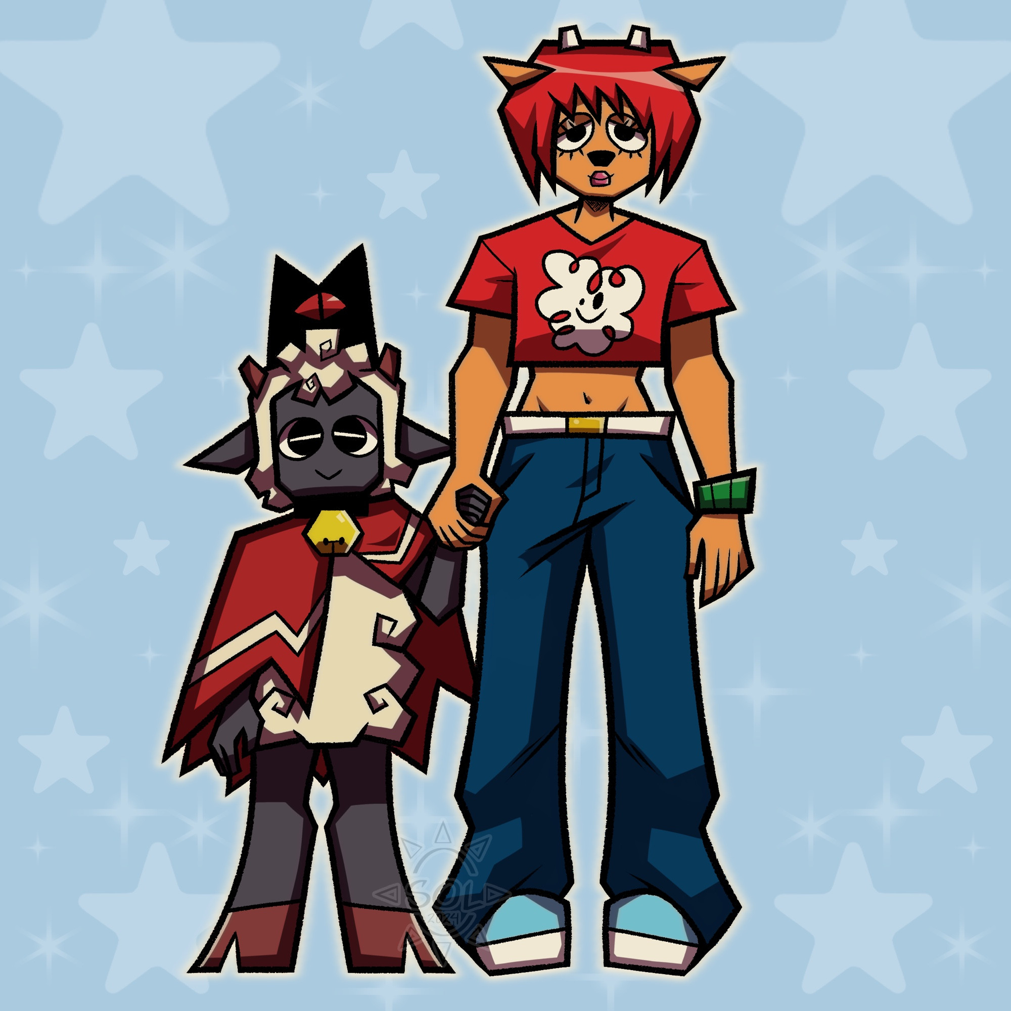 A digital artwork featuring the Lamb from the video game Cult of the Lamb and Lammy from Um Jammer Lammy. 

The Lamb and Lammy are standing next to each other, holding hands. They are on a blue background with stars and sparkles.