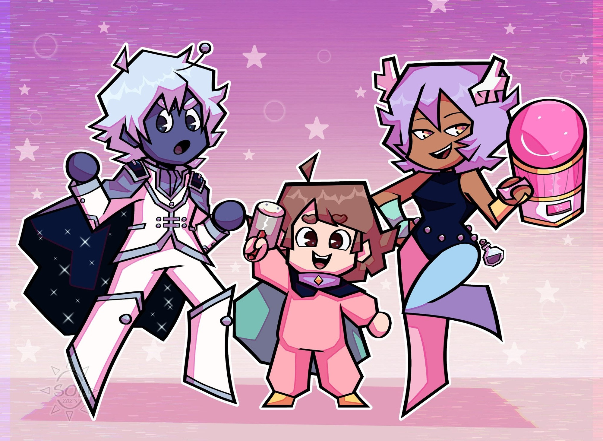 A digital artwork that features the characters Space Outlaw, Bee’s dad as a baby, and Violet from the show Bee and Puppycat. 

The characters are lined up together and posing. Bee’s dad is carrying a hammer and Violet is carrying a cannon. The background is a purple-to-pink gradient background with stars and bubbles.