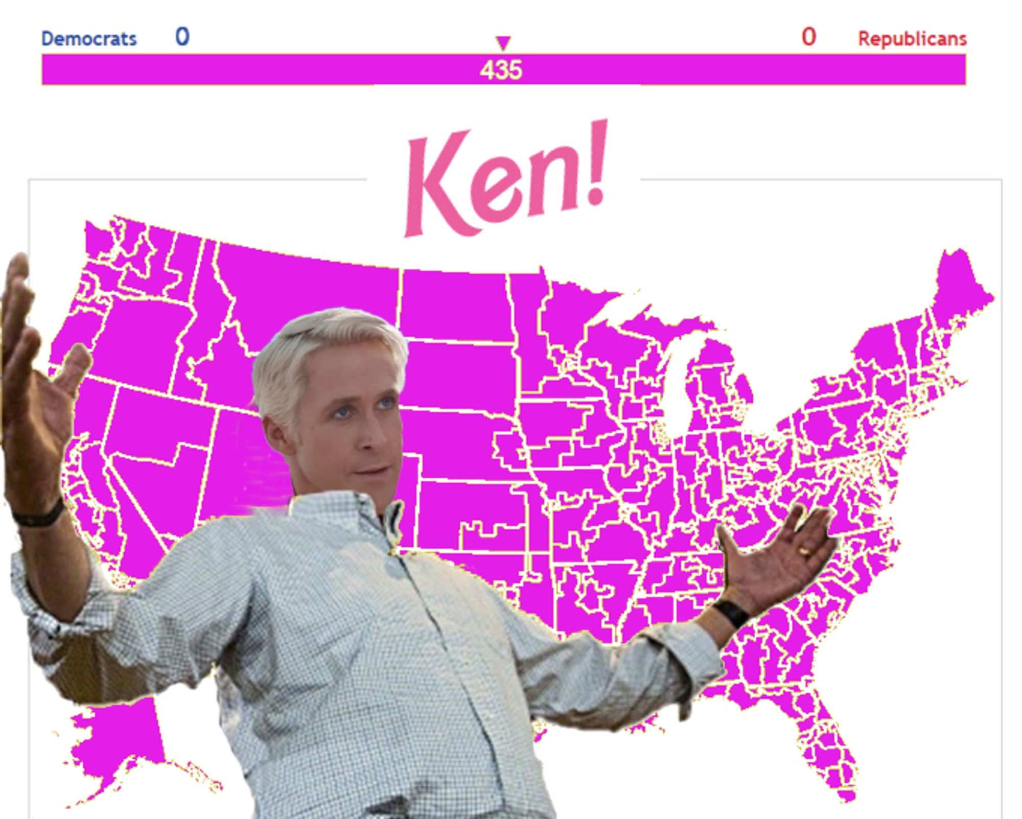 US electoral map with ken winning all 435 electoral votes (shown in pink) with ryan gosling as ken