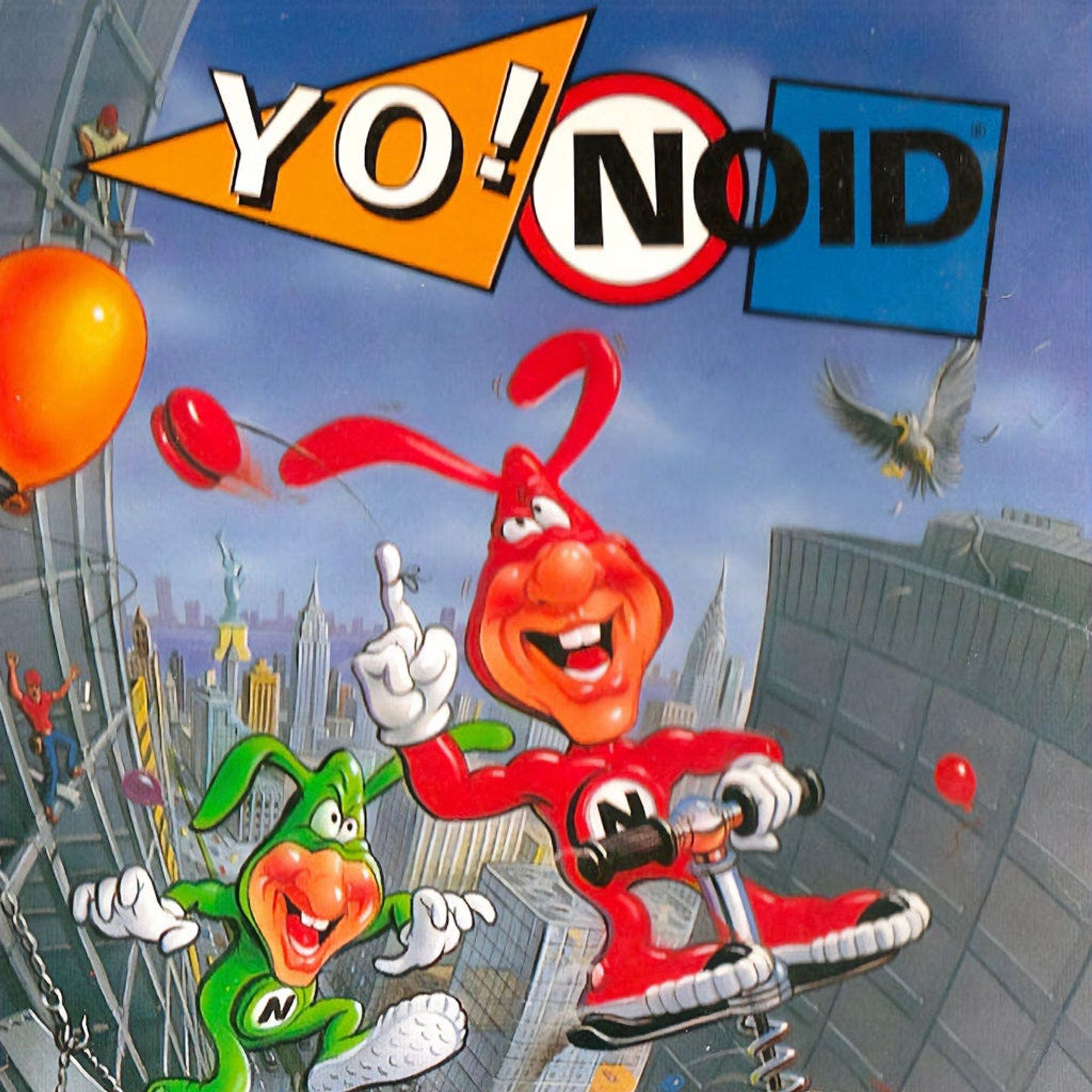 Official Yo! Noid art depicting The Noid yoyoing while on a pogo stick surrounded by tall buildings and balloons, being pursued by a green doppelganger.