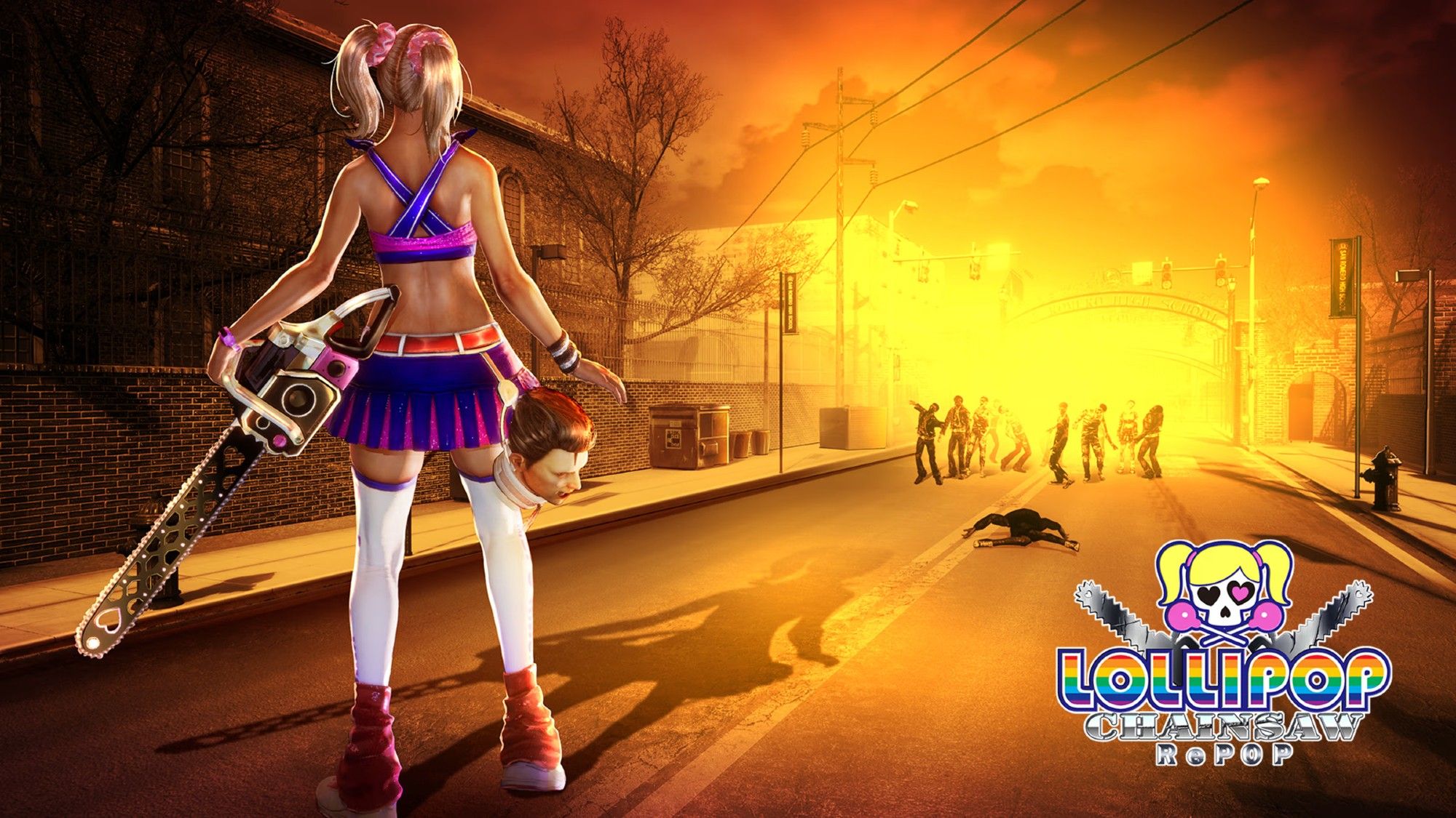 Juliet Starling (Lollipop Chainsaw protagonist) looking out at a breathtaking yellow sunset-like fog looming over a medium-sized hoard of unidentifiable zombies.