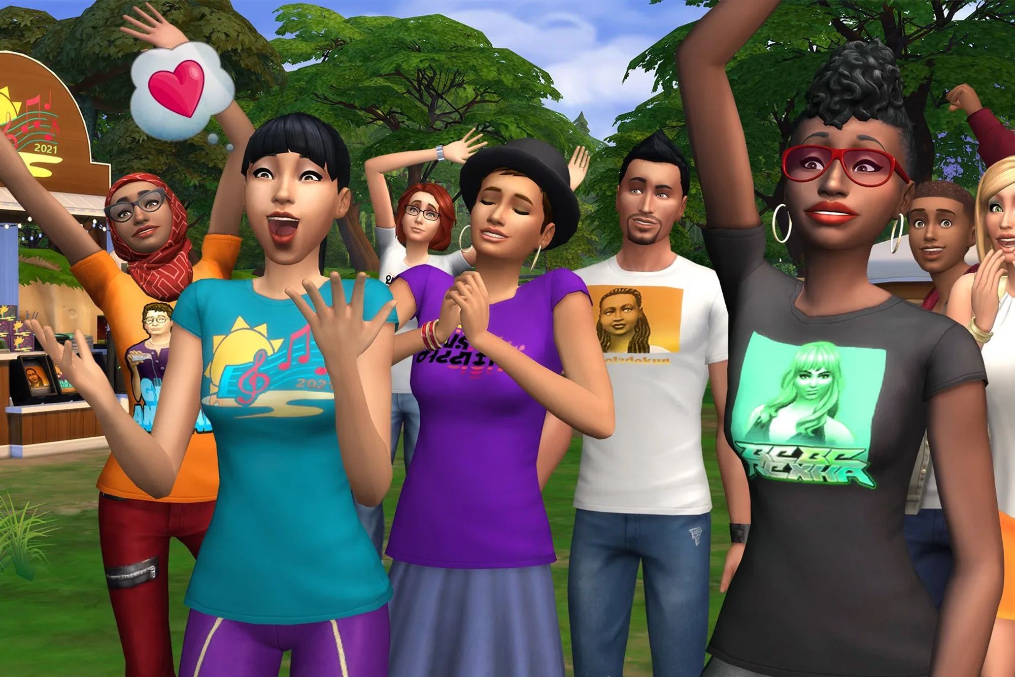 A Group of Sims in various t-shirts, appearing to be enjoying a convention together.