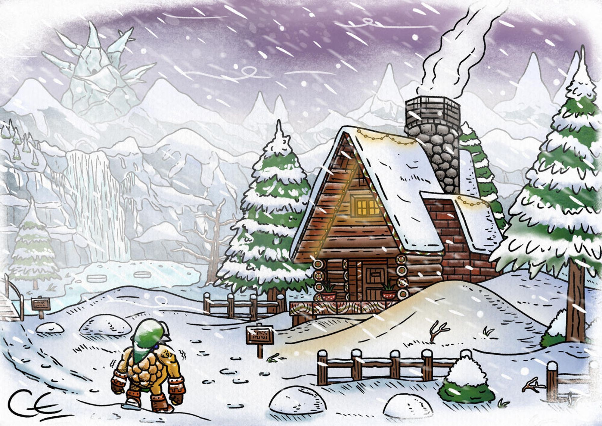 Art by DeviantArt user KokiriCraigArt depicting Goron Link beholding the cozy cabin of Snowhead surrounded by a blizzard, the mountain visible in the distance.