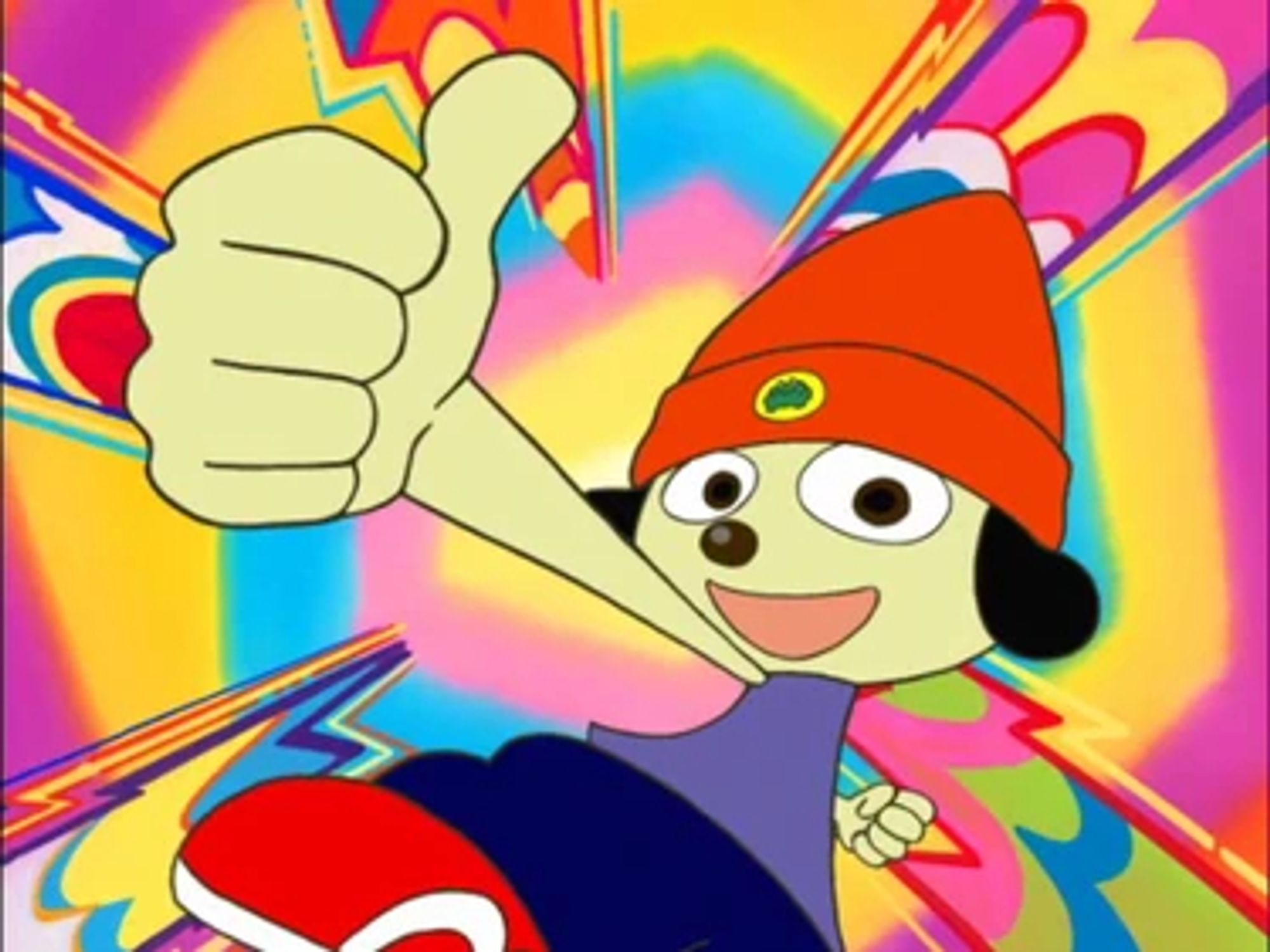 Parappa thumbsing up with a psychedelic background.