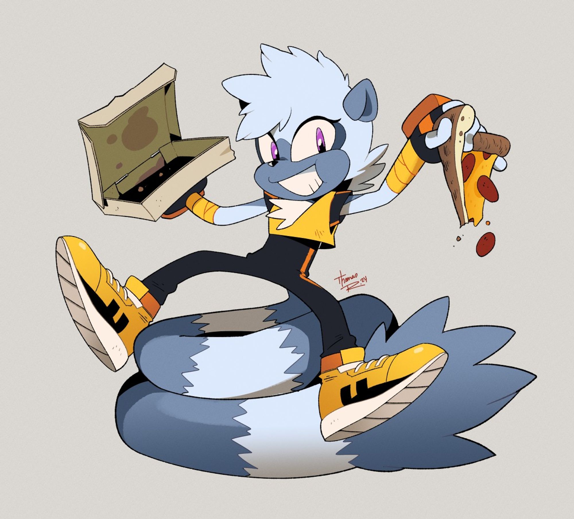 Drawing of Tangle the Lemur from IDW's Sonic the Hedgehog comic series.  She is enjoying a slice of pizza.