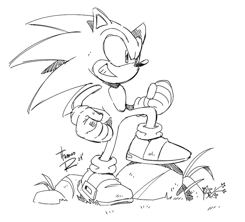 a drawing of sonic the hedgehog.
he's standing in a cool pose.  trust me.