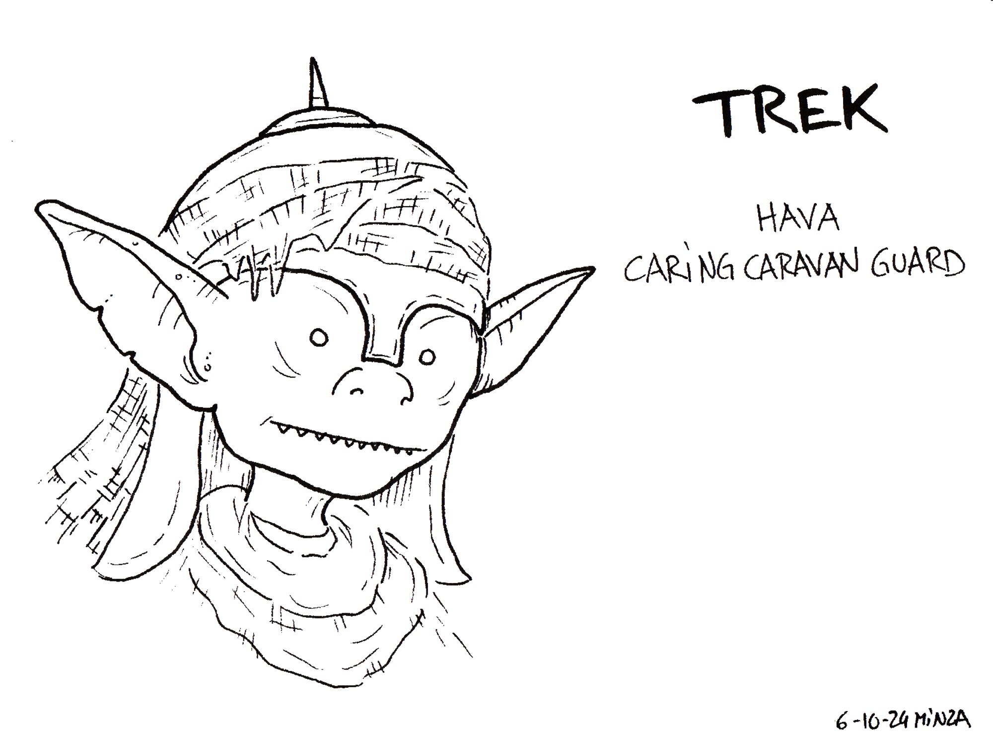 a female goblin with a guards helmet, covered in a dirty scarf