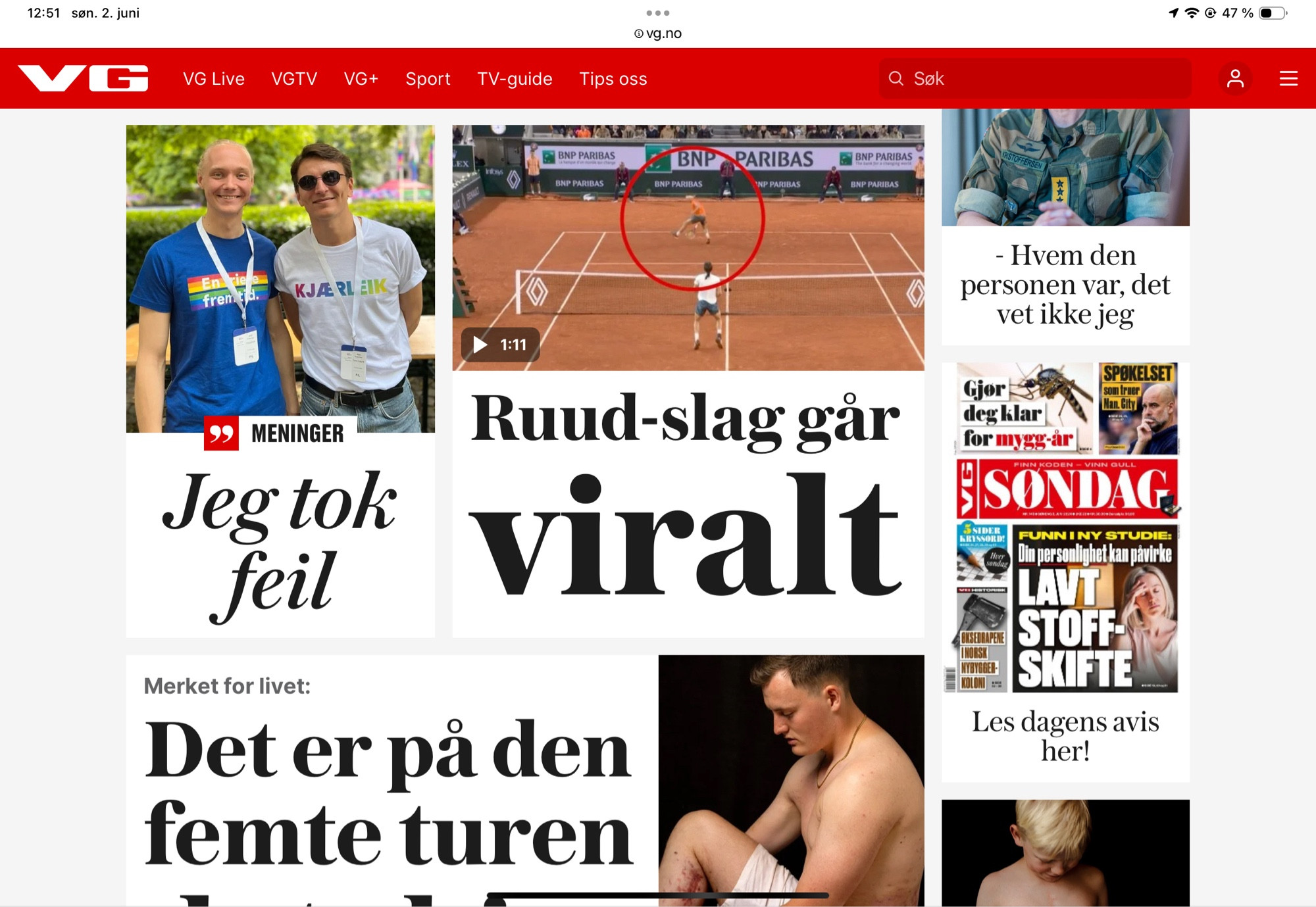 Skjermdump av VG med overskrifta «Ruud-slag går viralt»