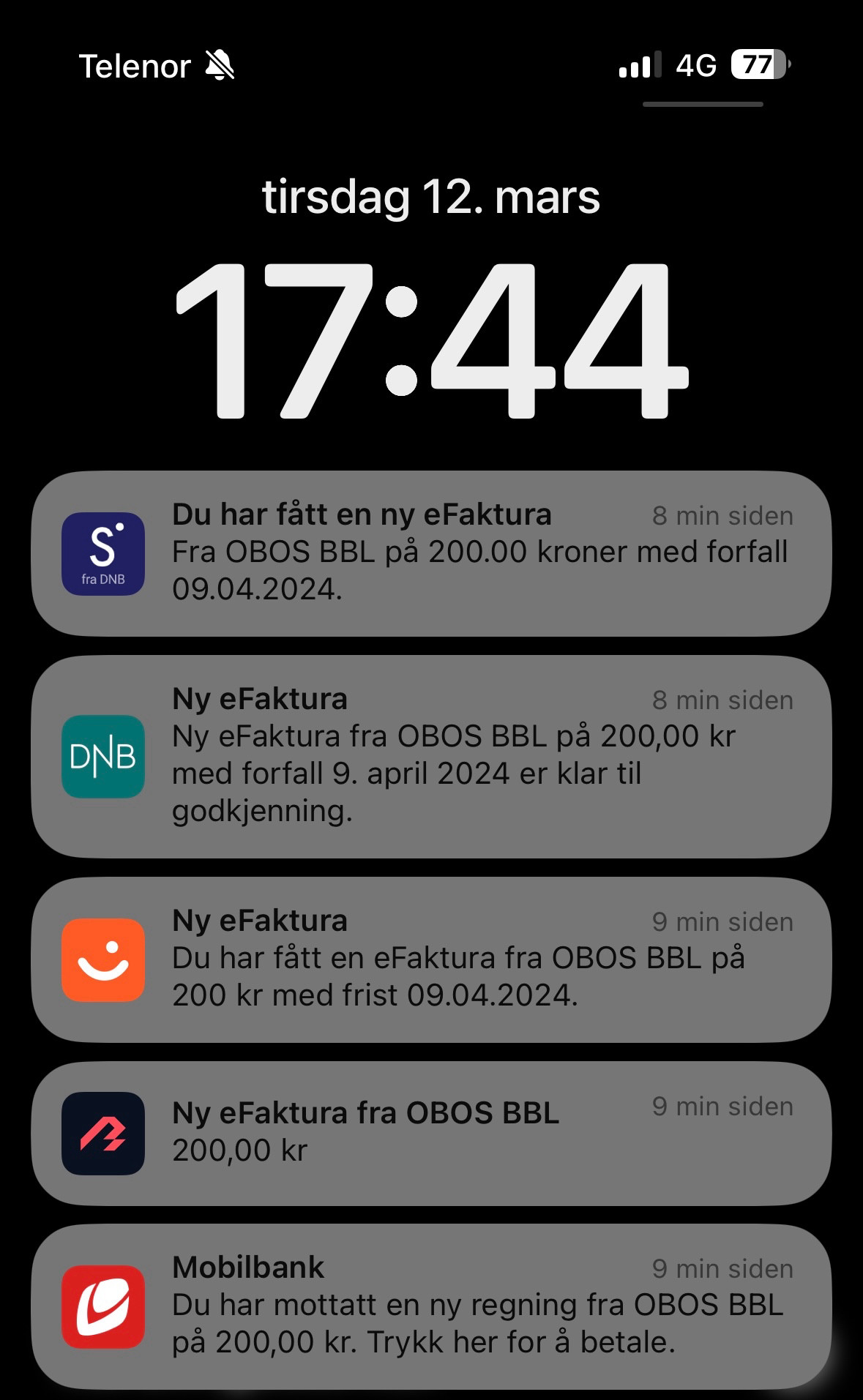 Skjermdump av varslar om faktura på iOS.