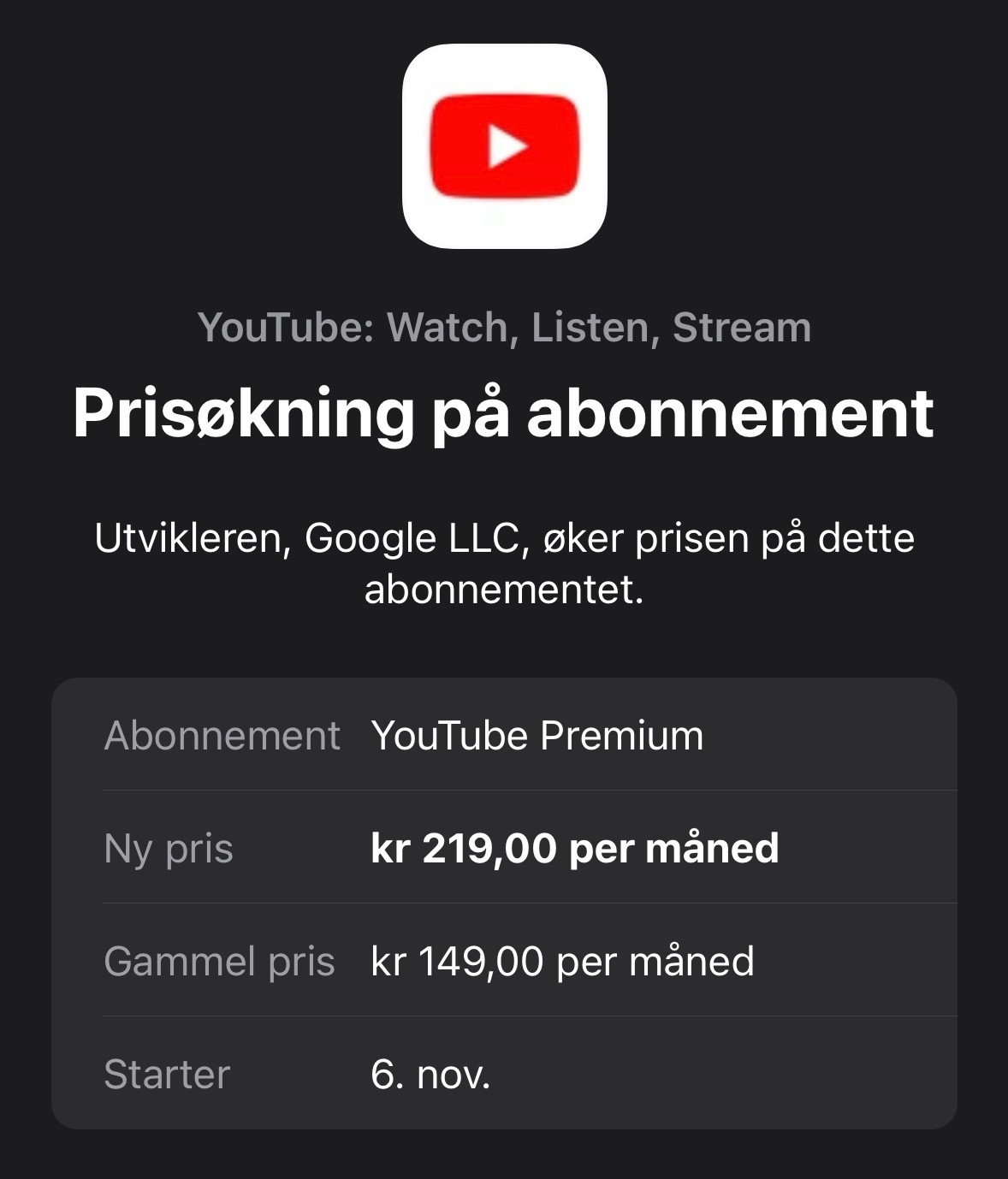 YouTube Premium aukar med 47 % frå 6. november.