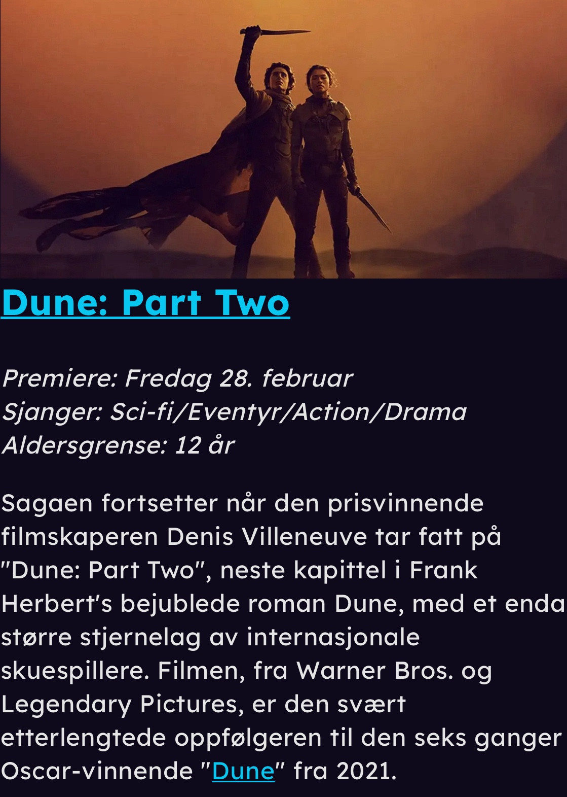 Skjermdump av tekst frå Filmweb.no som seier premieredatoen er fredag 28. februar - som ikke er ein reell dato i 2024.