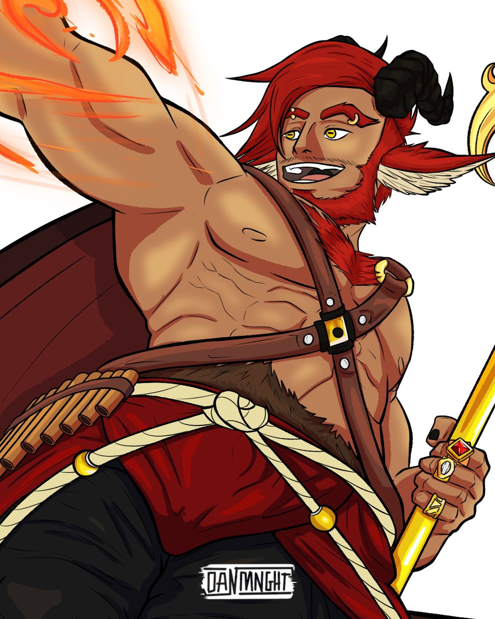 Digital illustration of Vessar, a satyr with red hair, a pair of black horns and yellow eyes. On his torso he is wearing leather straps positioned as an X that holds in place a maroon cape. He also wears pants holded in place by a rope belt. He's smiling and looking in the  distance.