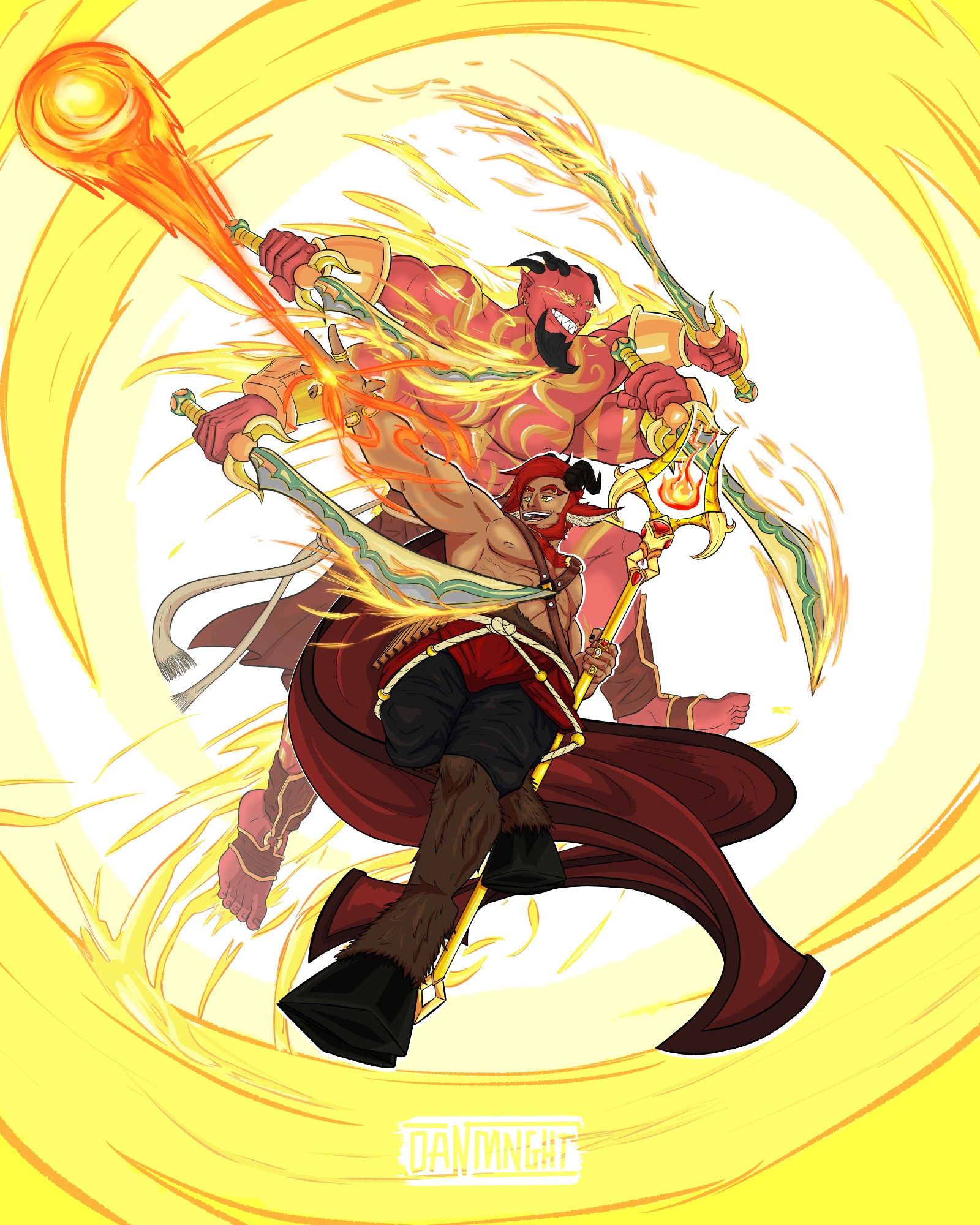 Digital illustration of two fantasy characters. In the front there's Vessar, a satyr with red hair that is conjuring a fireball spell, and in the back there's Khazrael, an efreeti genie with redish skin and four arms, each of them holding a sword with flames. Both of them are in action poses.