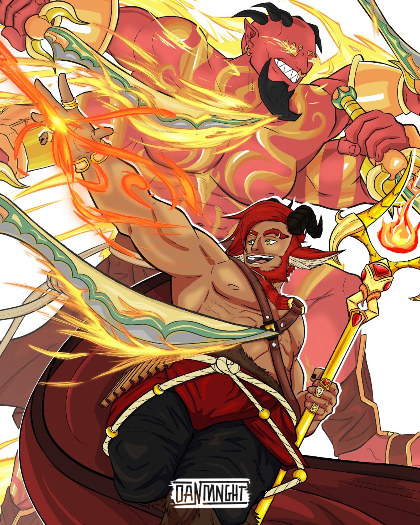 Digital illustration of two fantasy characters. In the front there's Vessar, a satyr with red hair that is holding a golden staff, and in the back there's Khazrael, an efreeti genie with redish skin, golden tattoos in his body and six small horns. Both of them are in action poses.