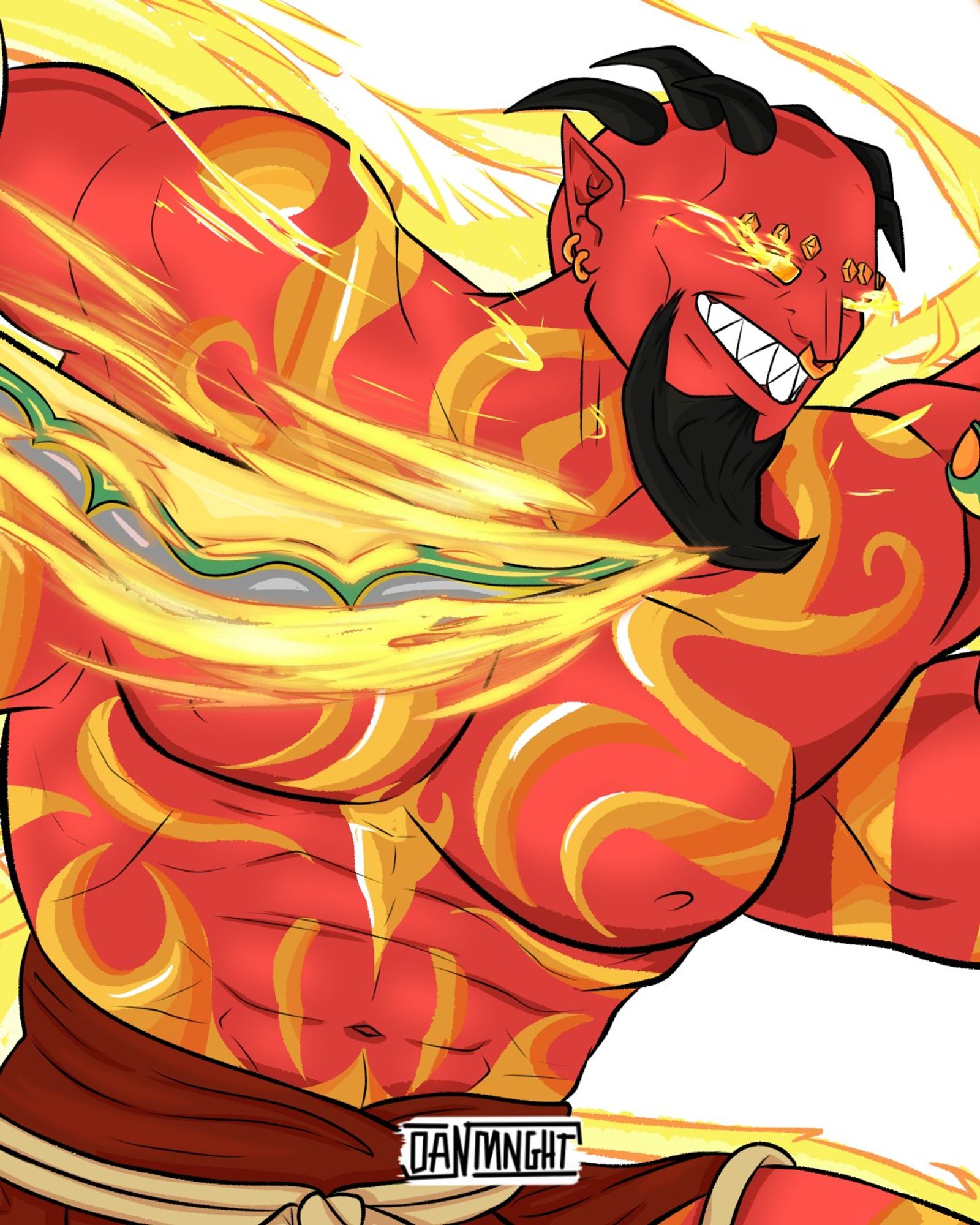 Digital illustration of Khazrael, an efreeti genie with redish skin, six small horns in his head, a black goatee and eyes that are pools of fire. He possesses golden tattoos all over his body and is smiling with pointy teeth.