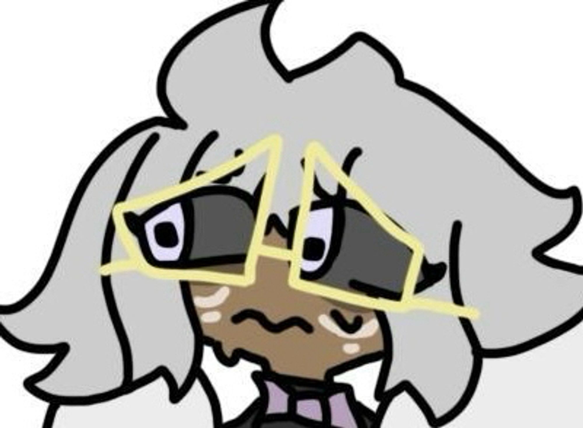 A person of colour with lighter skin markings on their cheek and heavy eyelids. They are looking to the side, and have square pupils. They have gray hair, yellow glasses, and purple eyes. They have a nervous expression on their face.