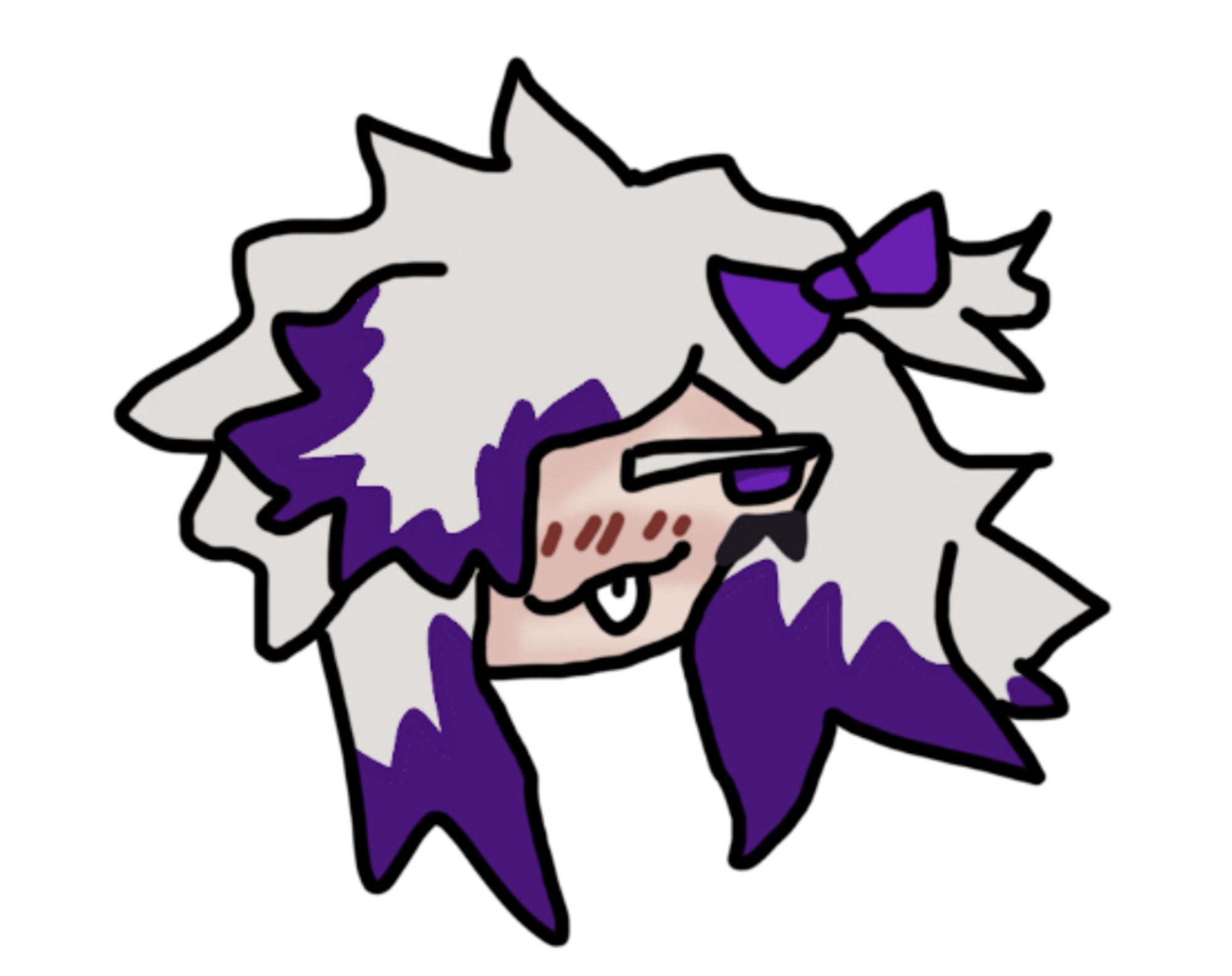 A humanoid figure’s headshot. They have light skin, gray hair with purple ends. Their hair is extremely spiky, and their hair bow is purple. They have a white tongue and one visible eye with a heavy eyelid. They are looking to the side and have long bottom eyelashes.