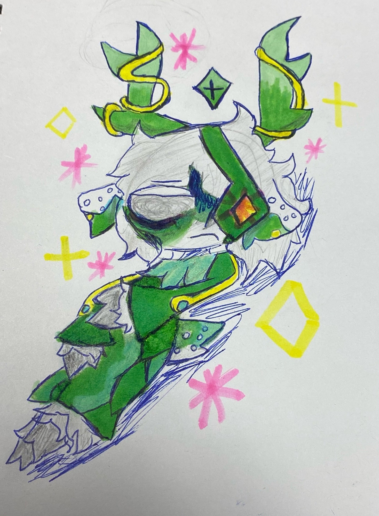 A traditional pen, pencil and marker drawing of Medkit from Phighting! He is in a sitting position- with pink-ish stars around, along with yellow sparkles. He has deer-like features and has wires wrapping around both his deer-like horns- he also has deer ears which are both pierced. His crystal is in the middle of his horns. He has hoof hands and fret with a deer tail, and he has fluffy hair. Over his eyepatch, there is a pink crystal too.