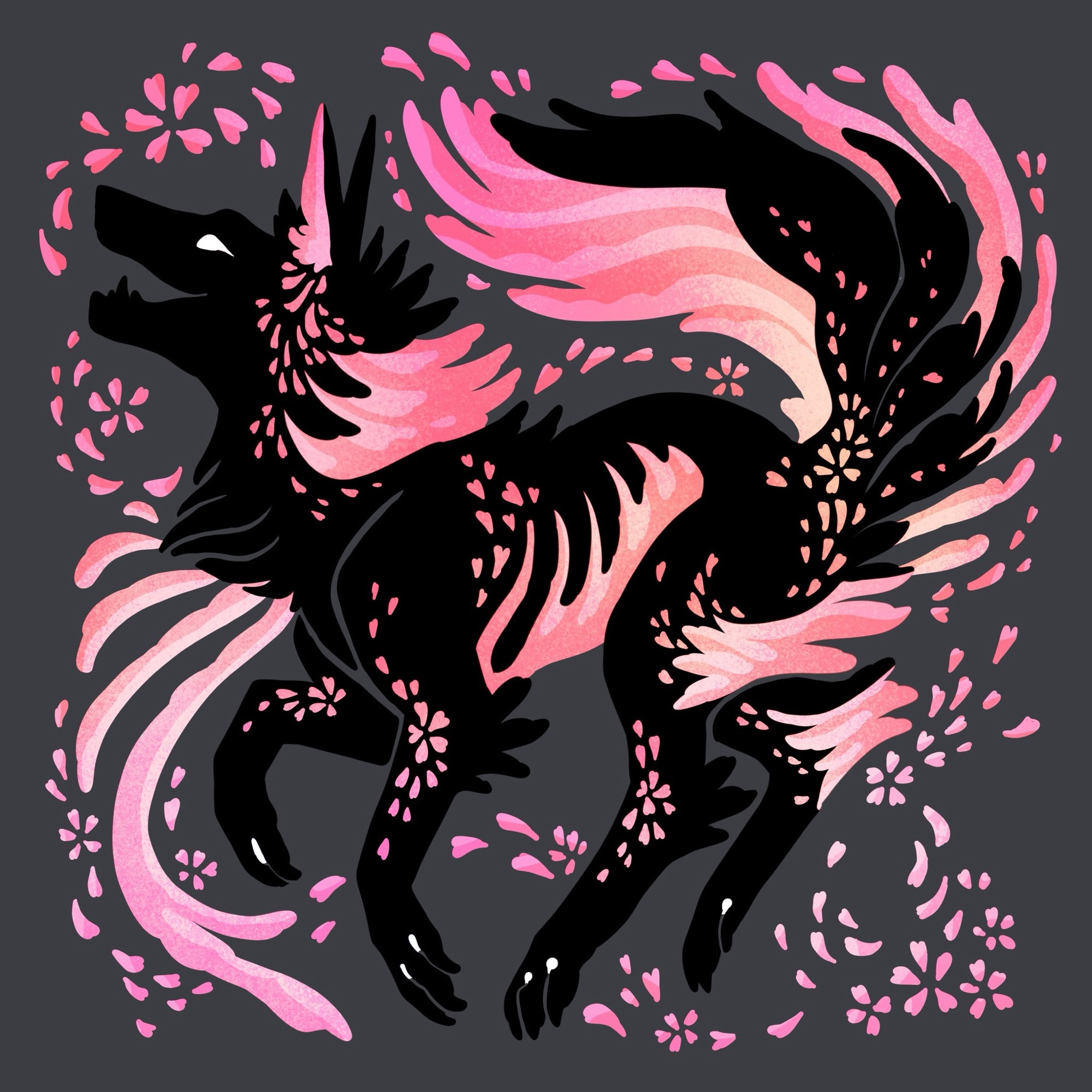 Fantasy wolf with black fur and light pink cherry blossom petals and highlights swirling around