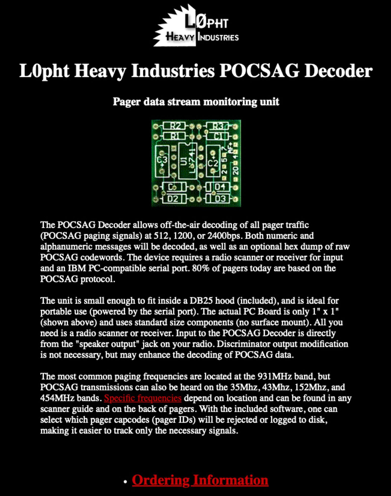 Screenshot of old L0pht Heavy Industries website showing description of their POCSAG decoders kit.