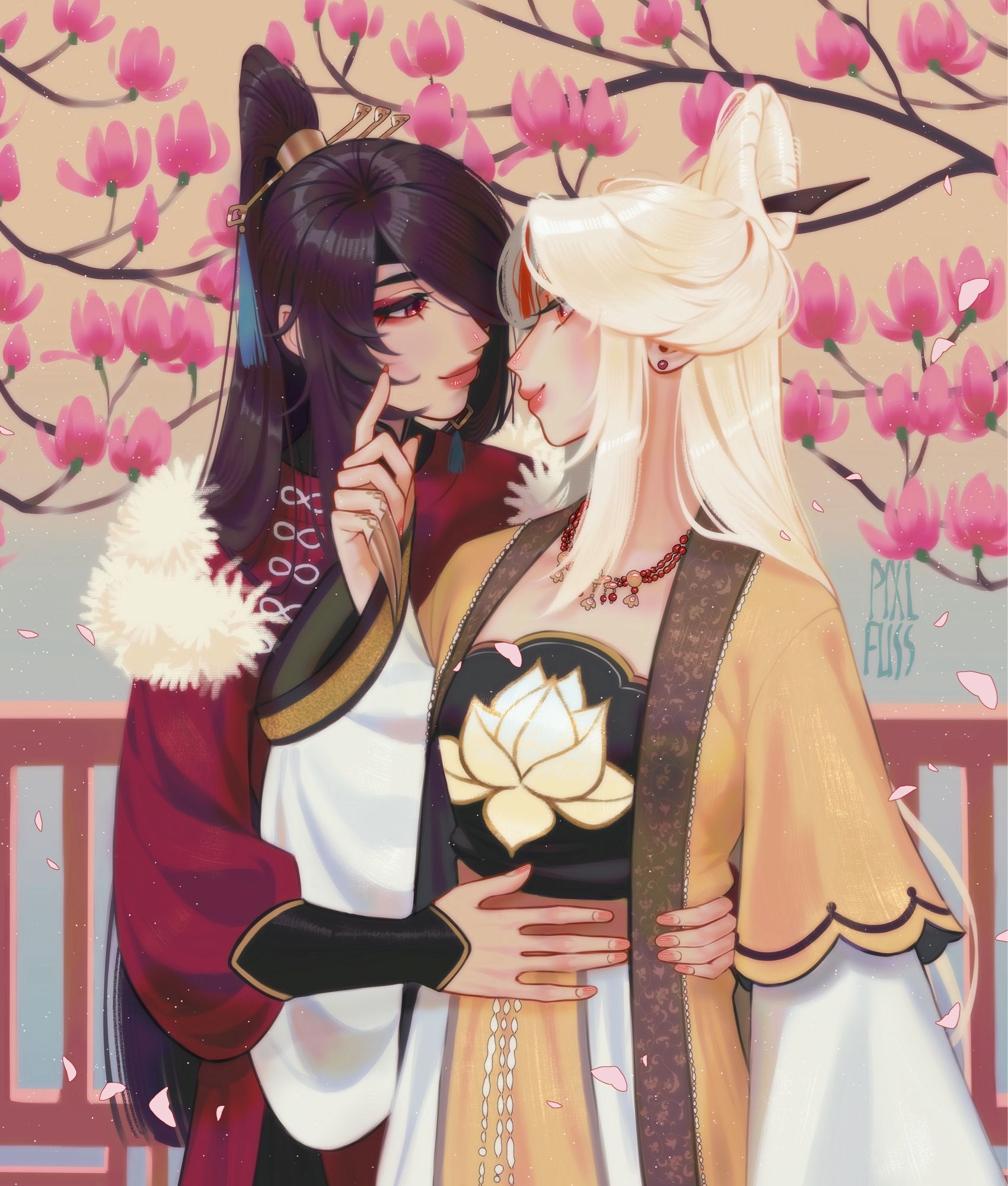 Digital illustration with Beidou and Ningguang in hanfu against a magnolia tree, Beidou hugs Ningguang's waist with both hands, Ningguang touches Beidou's cheek with her finger