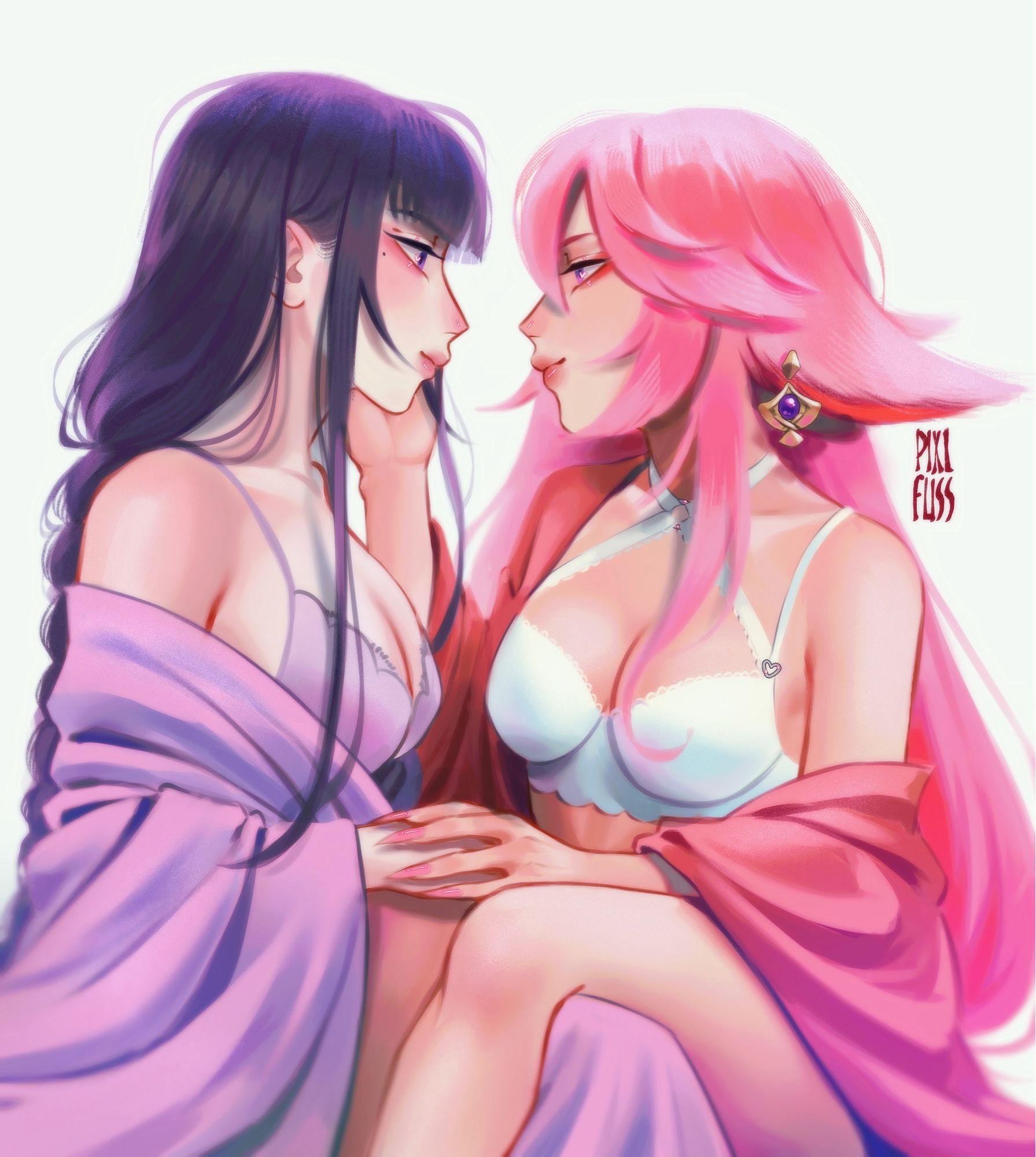 A romantic digital illustration featuring Ei and Yae Miko in lingerie. The girls are sitting very close to each other, Miko's legs are on Ei's lap. The girls look at each other tenderly, one of Yae's hands touches Ei's cheek, and the other covers her hand.