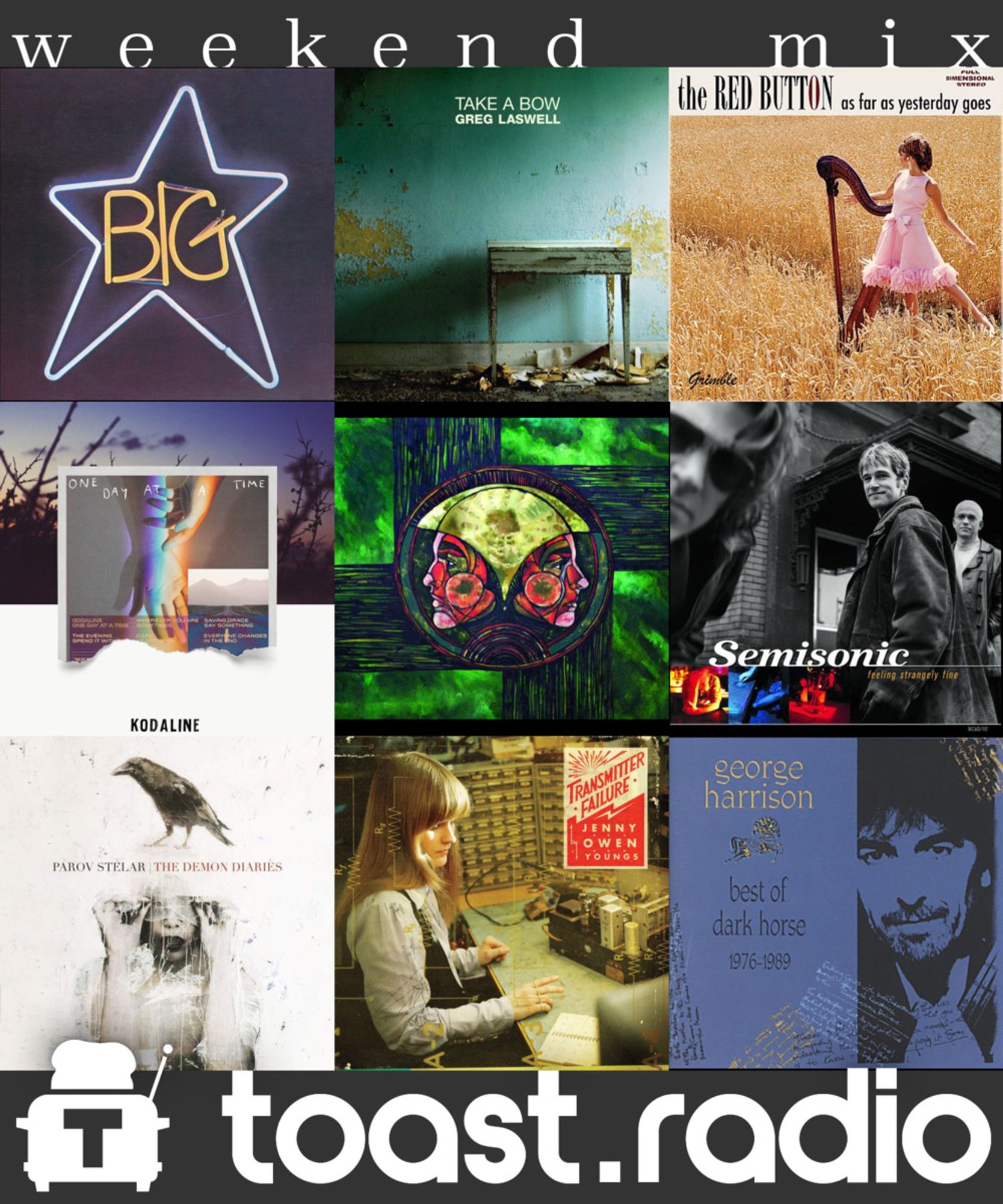 A sampling of artists to be played during the 12pm (Pacific) hour on toast.radio, showing album covers by Big Star, Greg Laswell, The Red Button, Kodaline, The Zolas, Semisonic, Parov Stelar, Jenny Owen Youngs, and George Harrison