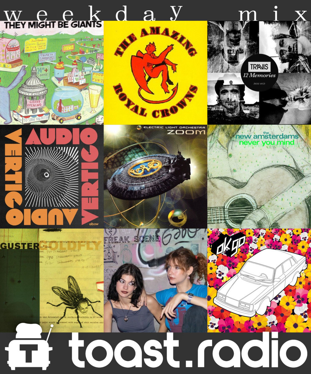 A sampling of artists to be played during the 9pm (Pacific) hour on toast.radio, showing album covers by They Might Be Giants, The Amazing Royal Crowns, Travis, Elbow, Electric Light Orchestra, The New Amsterdams, Guster, Pacifica, and OK Go