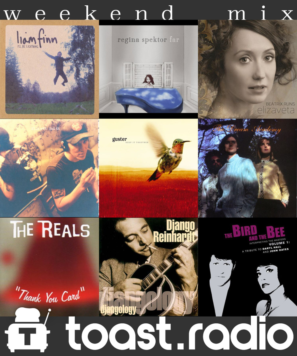 A sampling of artists to be played during the 3am (Pacific) hour on toast.radio, showing album covers by Liam Finn, Regina Spektor, Elizaveta, Elliott Smith, Guster, The Dream Academy, The Reals, Django Reinhardt, and The Bird and the Bee