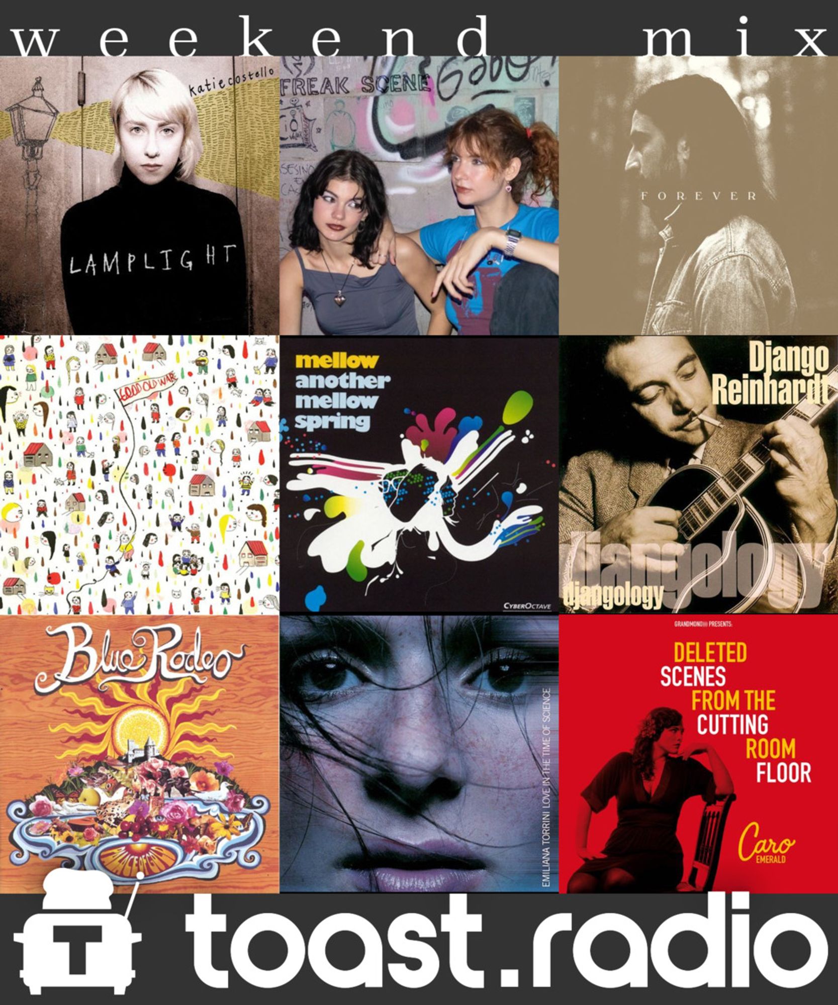 A sampling of artists to be played during the 11am (Pacific) hour on toast.radio, showing album covers by Katie Costello, Pacifica, Noah Kahan, Good Old War, Mellow, Django Reinhardt, Blue Rodeo, Emilíana Torrini, and Caro Emerald