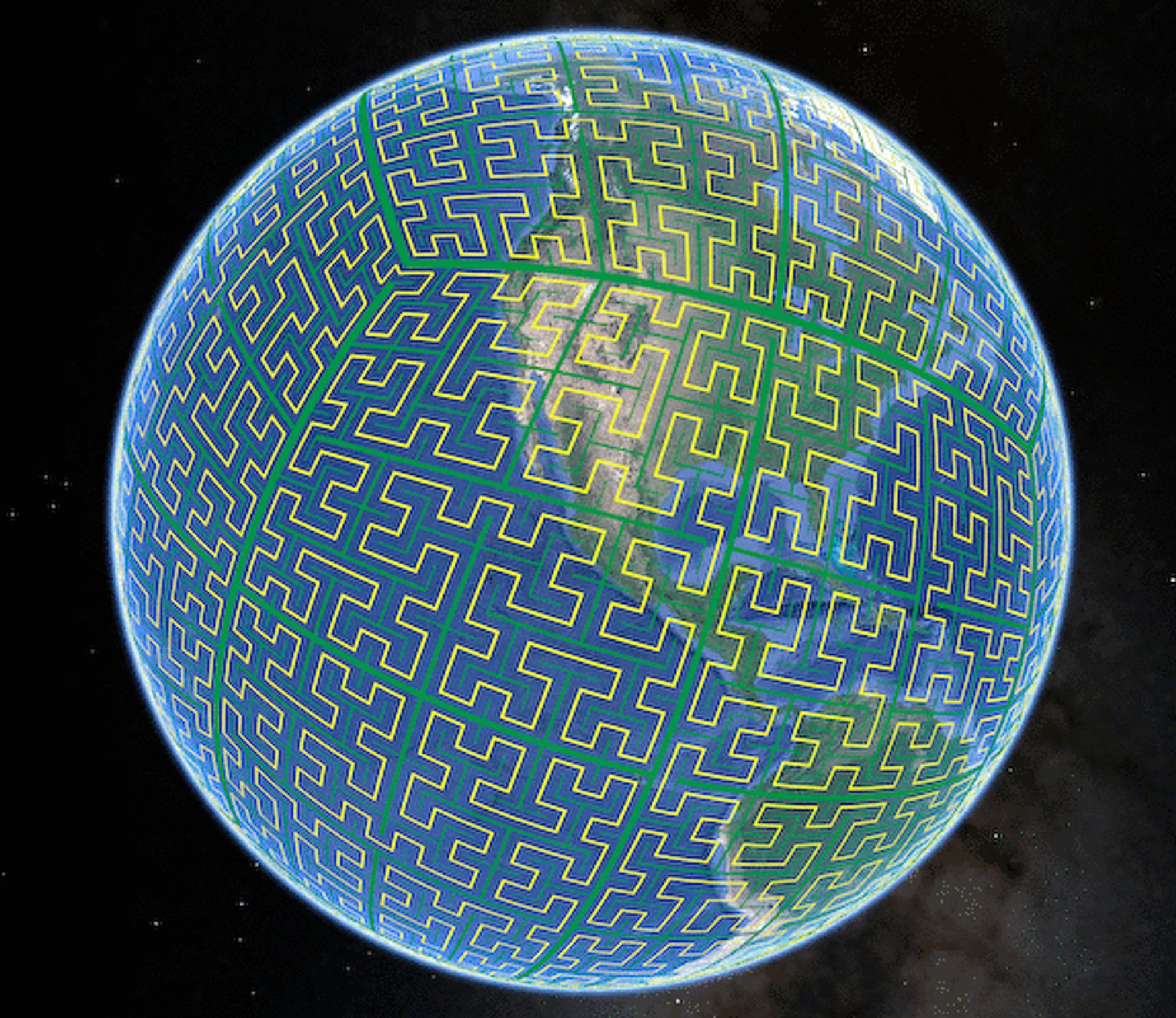 the "S2 geometry" cell hierarchy shown in a 3D rendering of a globe subdivided into faces, which each are further subdivided by a space-filling curve.