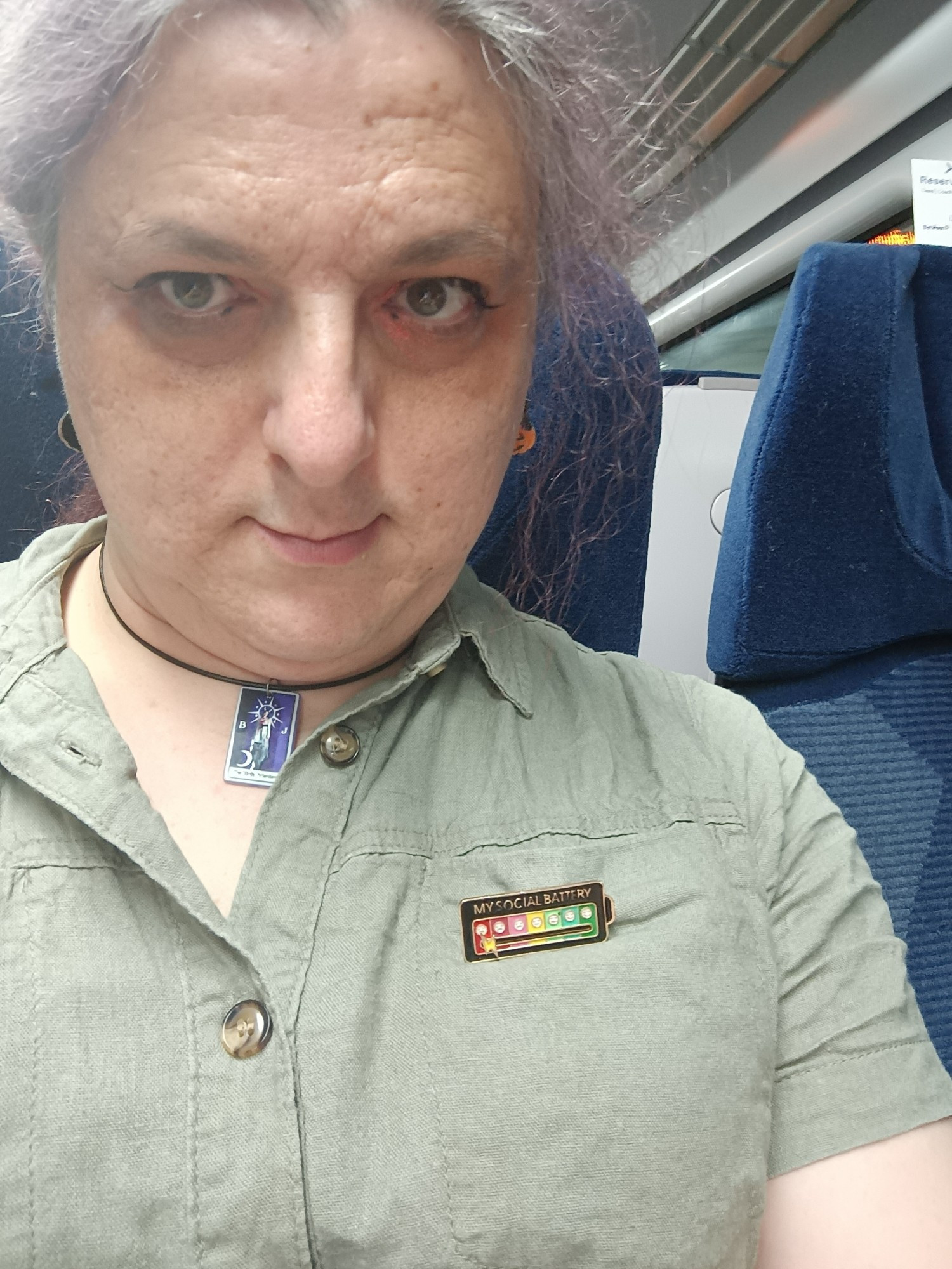 Tabs is on a train again! But this time she has a "social battery" pin. It is Low.