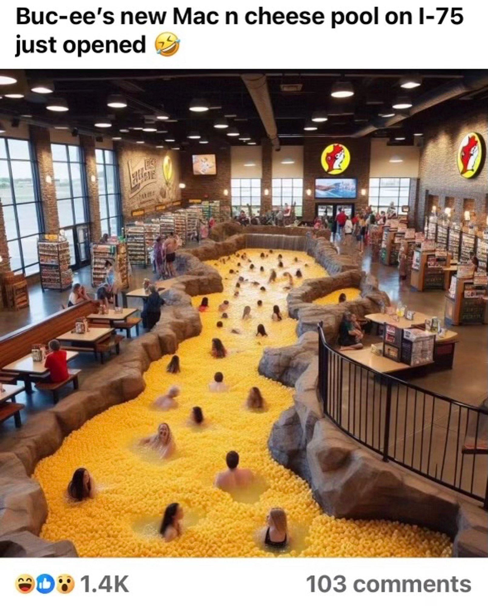 A Facebook post with the caption “bucees new mac-n-cheese pool on I-75 just opened” accompanying an image of people in a mac-n-cheese pool inside a rest stop