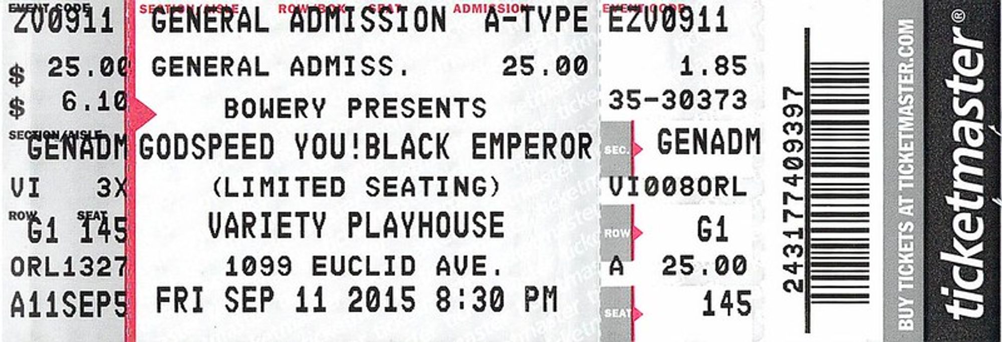 Ticketstub for Godspeed You Black Emperor at Variety Playhouse on 09.11.15.